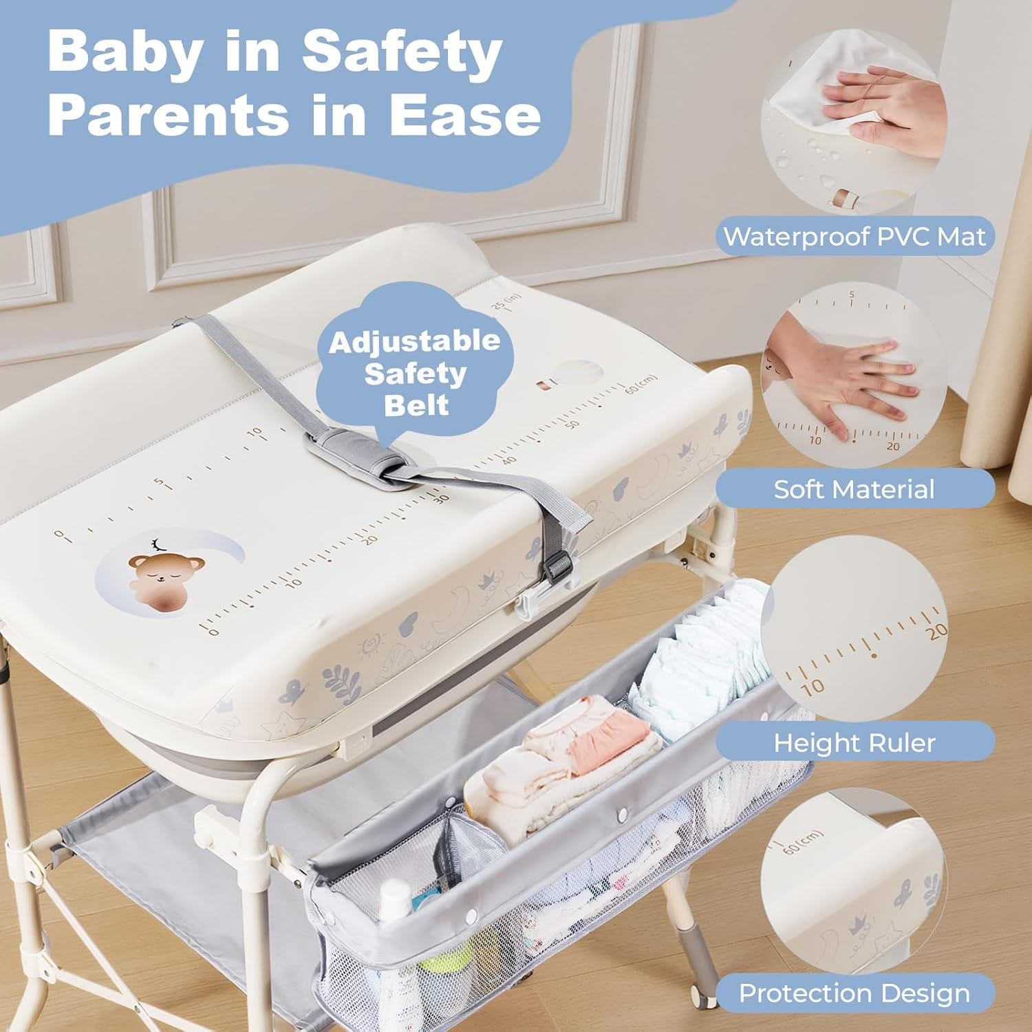 4-in-1 Baby Changing Table with Bathtub - Foldable Diaper Station, 4 Height Levels, Storage Basket