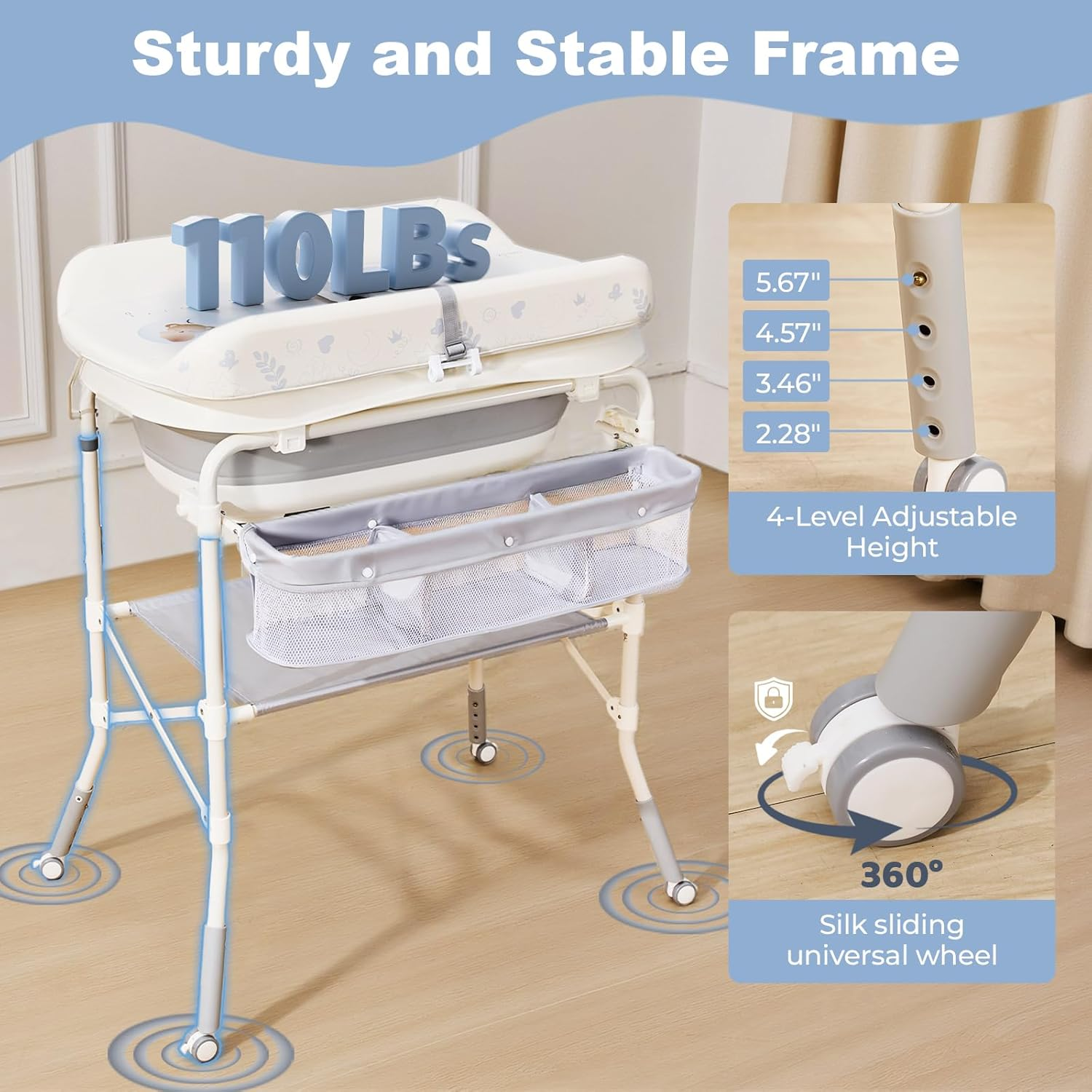 4-in-1 Baby Changing Table with Bathtub - Foldable Diaper Station, 4 Height Levels, Storage Basket