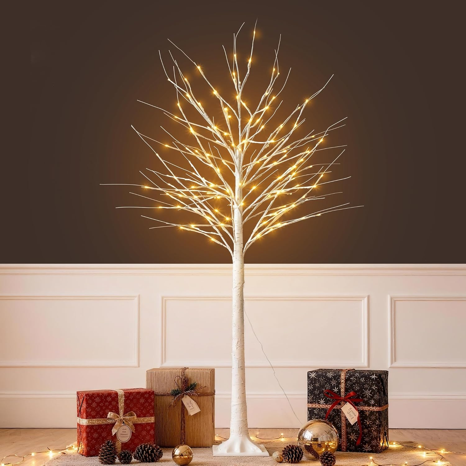 6FT Lighted Birch Tree - 152 LED Warm White Lights, DIY Branches, Remote Control & 8 Flash Modes