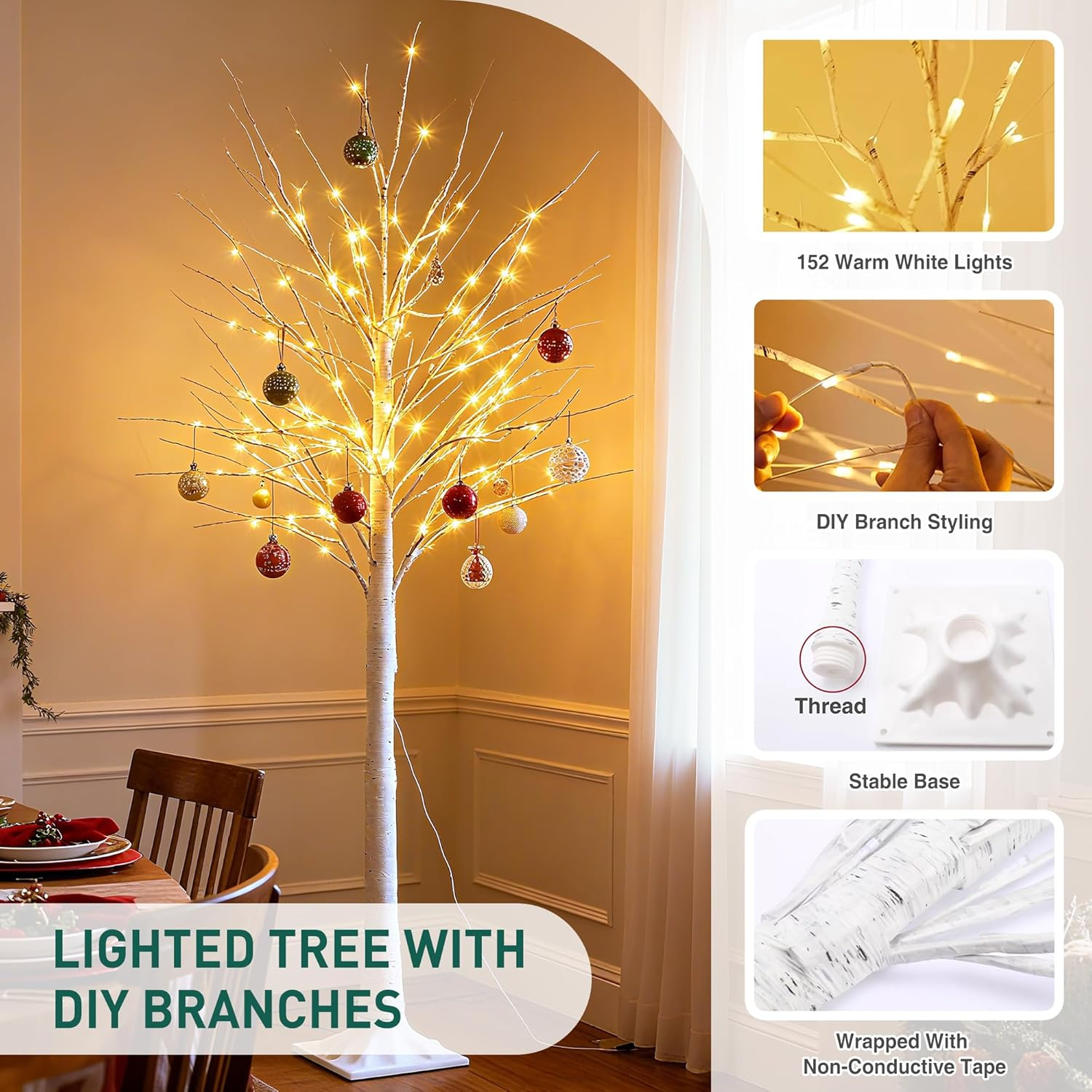 6FT Lighted Birch Tree - 152 LED Warm White Lights, DIY Branches, Remote Control & 8 Flash Modes