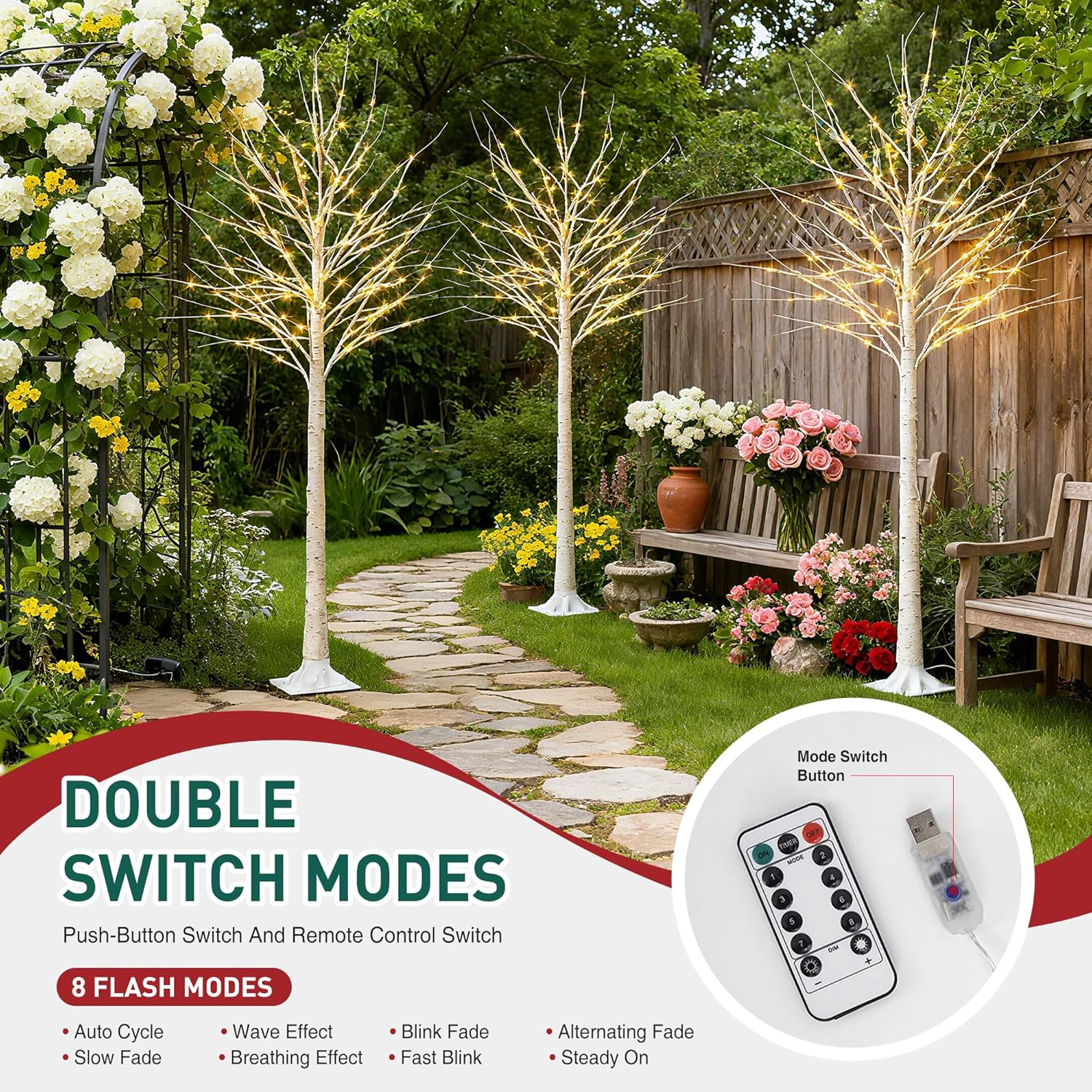 6FT Lighted Birch Tree - 152 LED Warm White Lights, DIY Branches, Remote Control & 8 Flash Modes