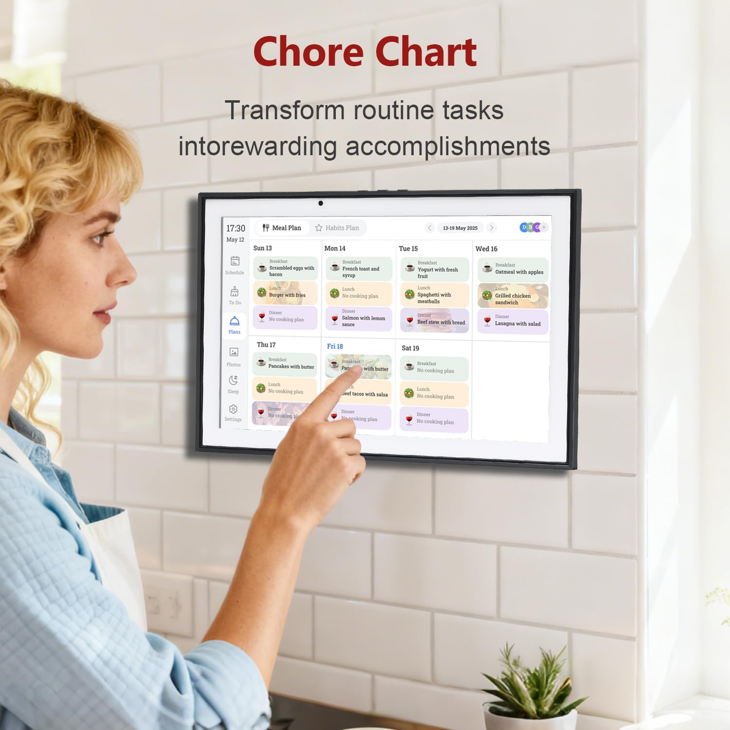 Smart Digital Family Calendar - WiFi Sync, Chore Chart, Meal Planner & Photo Frame with Free App