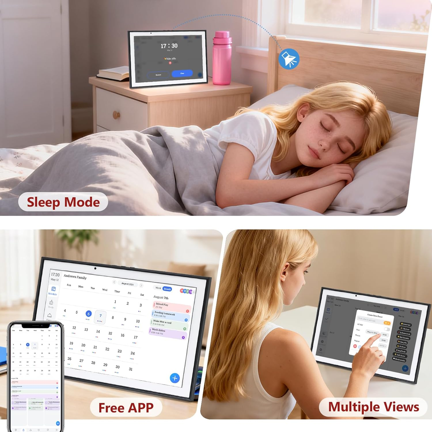 Smart Digital Family Calendar - WiFi Sync, Chore Chart, Meal Planner & Photo Frame with Free App