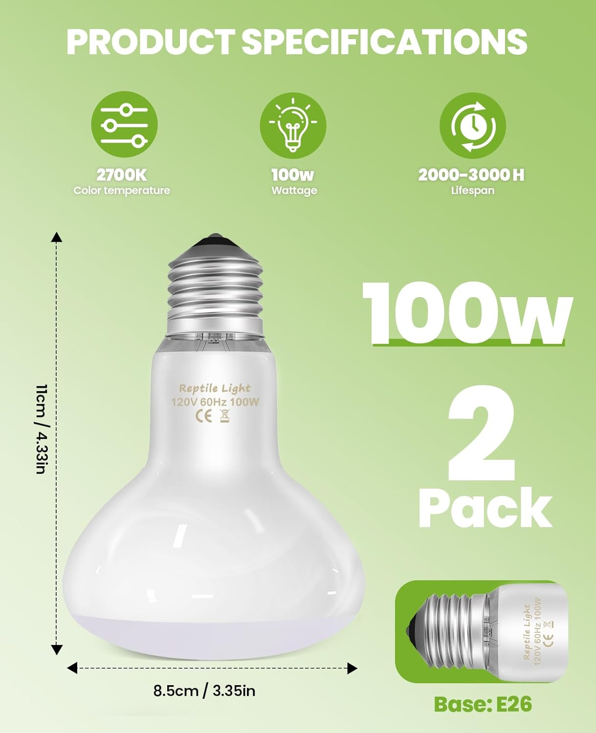 100W Reptile Heat Lamp Bulbs 2-Pack - 2700K Basking Spot Light, 3000H Lifespan, E26 Base