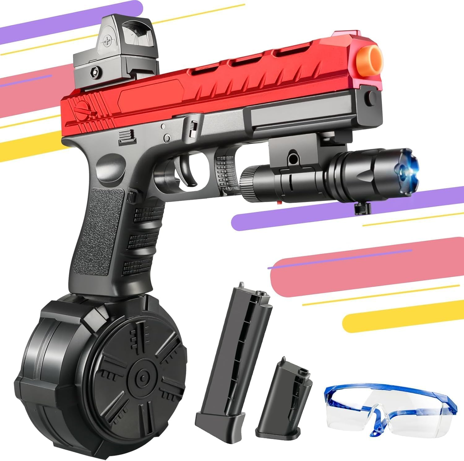 Gel Blaster Toy Gun - Electric Automatic with Red Dot Sight, Flashlight, Drum Magazine & Safety Goggles