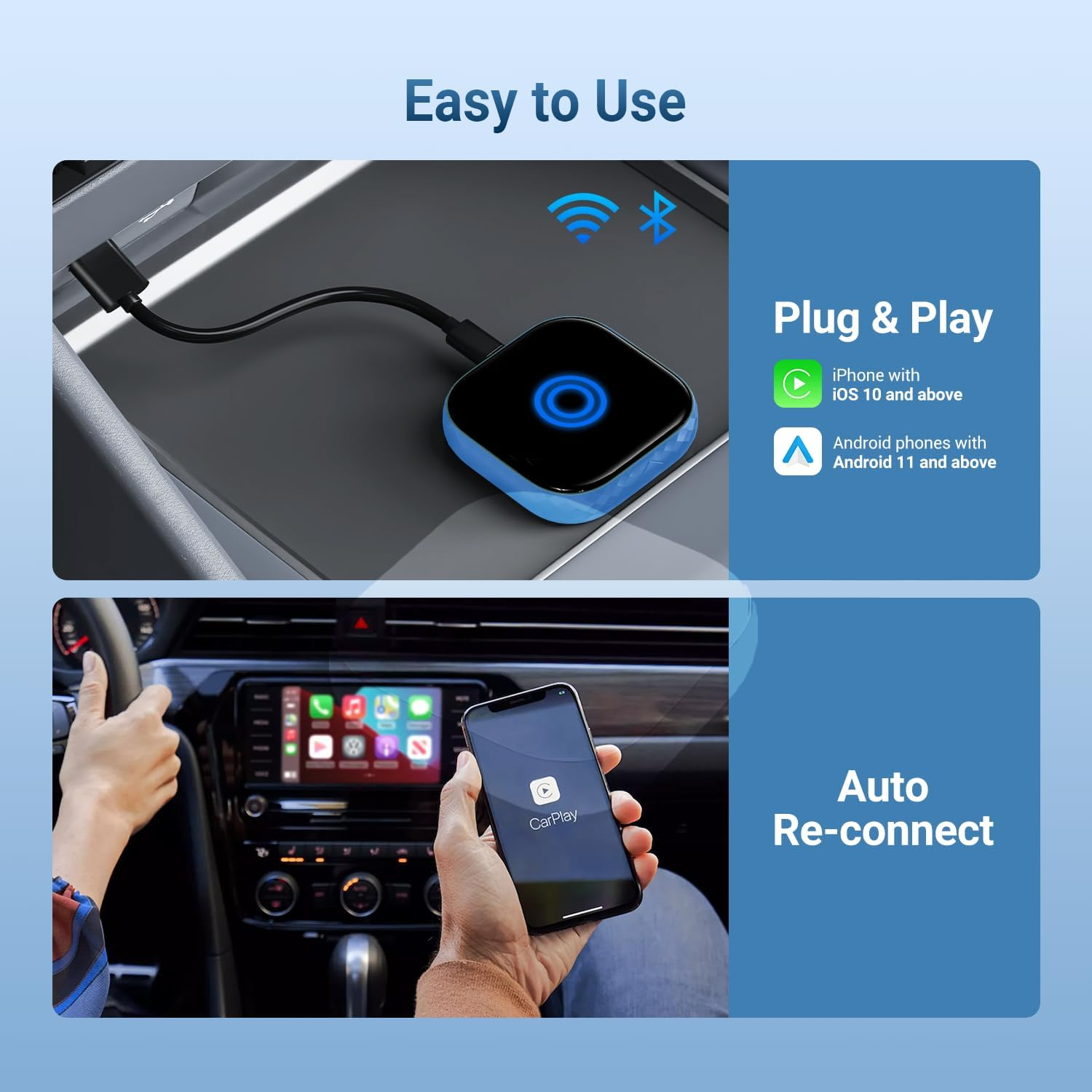 2-in-1 Wireless CarPlay & Android Auto Adapter - Plug & Play USB Dongle for Factory Wired Cars 2016+