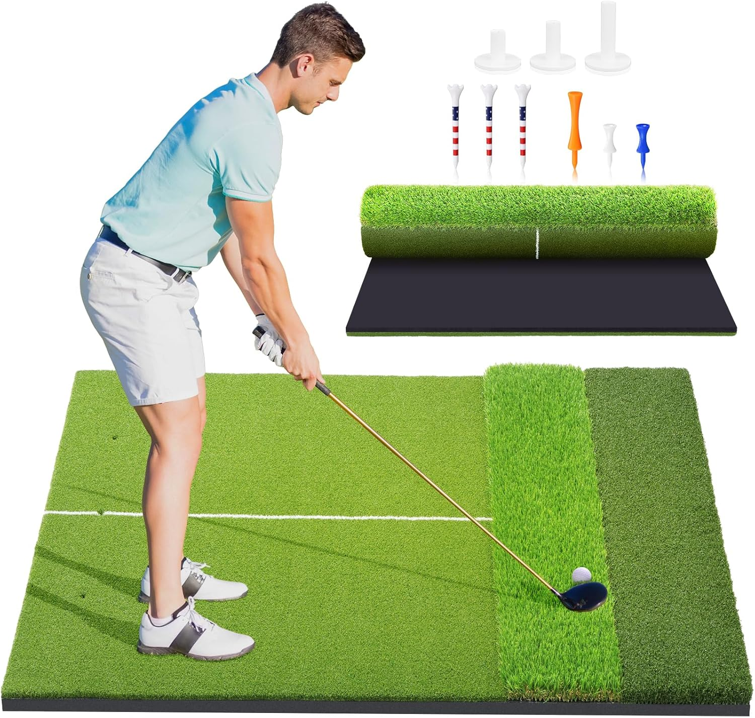 Golf Practice Mat 5x4ft - 3-Turf System with Putting, Fairway & Rough | Includes Tees & Balls