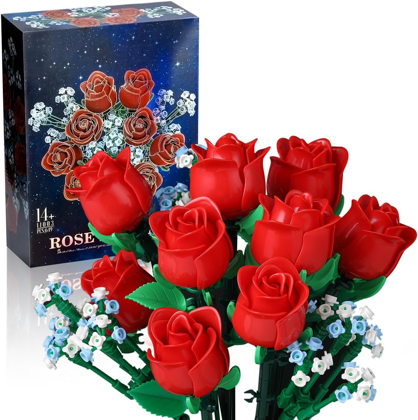 SMIDDLE Rose Bouquet Building Set - 9 Red Roses & Baby's Breath Flower Building Kit (1003 Pieces)