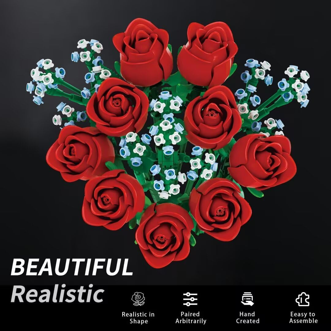 SMIDDLE Rose Bouquet Building Set - 9 Red Roses & Baby's Breath Flower Building Kit (1003 Pieces)