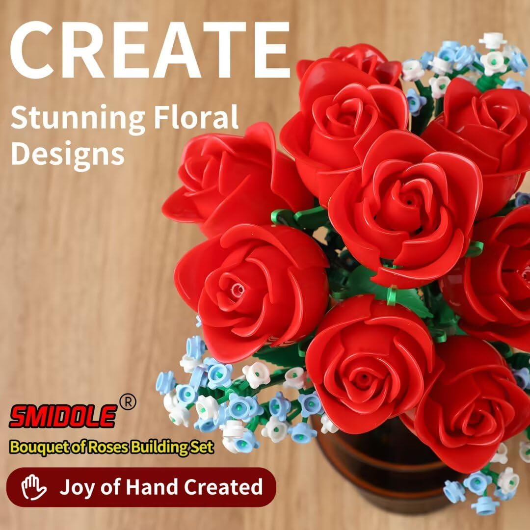 SMIDDLE Rose Bouquet Building Set - 9 Red Roses & Baby's Breath Flower Building Kit (1003 Pieces)