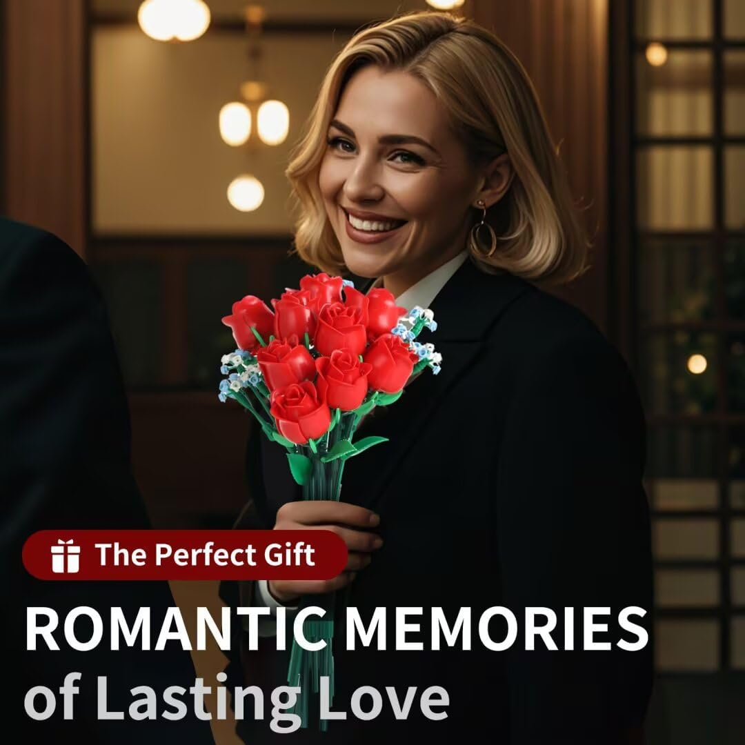 SMIDDLE Rose Bouquet Building Set - 9 Red Roses & Baby's Breath Flower Building Kit (1003 Pieces)