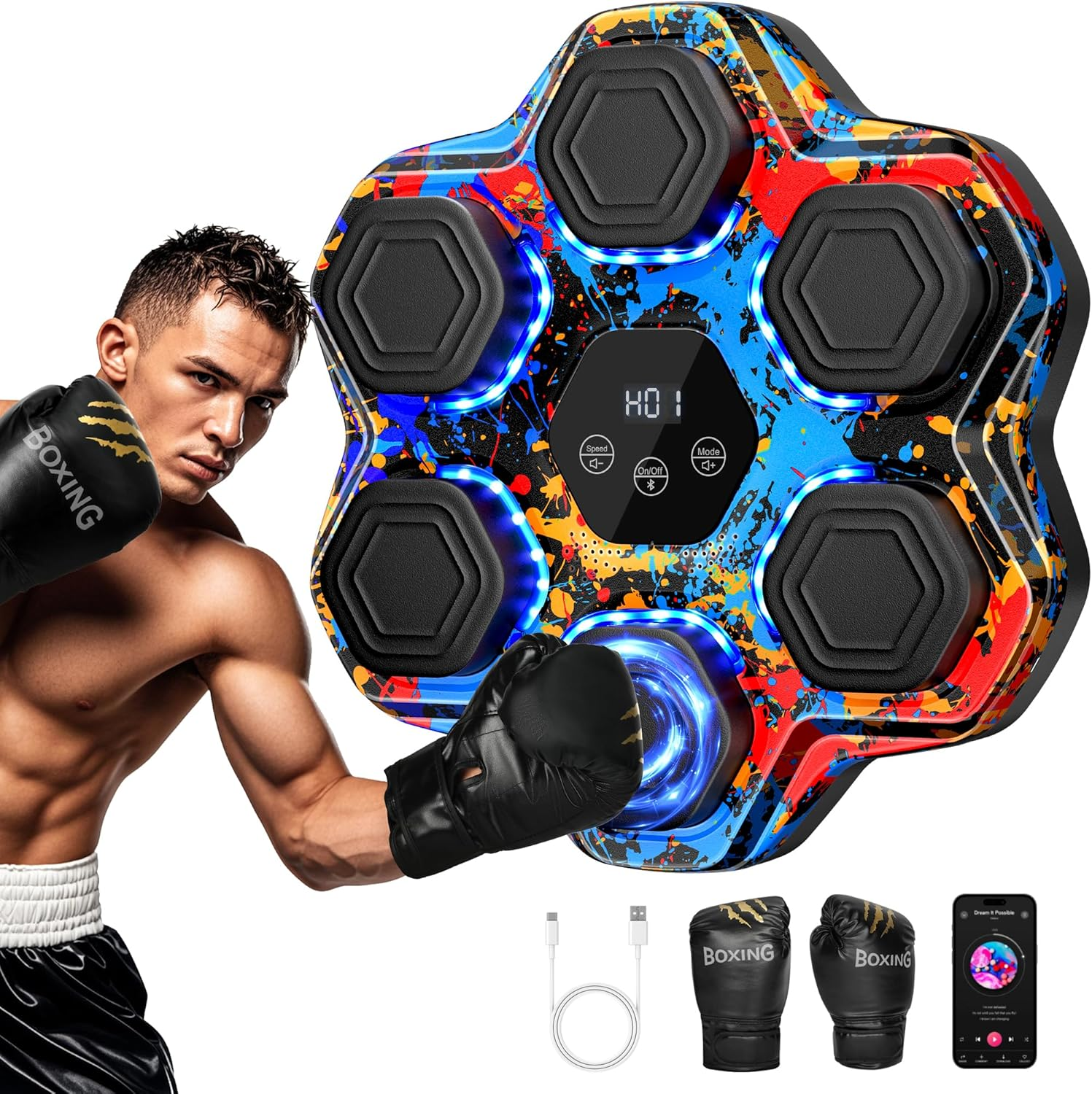 Smart Music Boxing Machine - Bluetooth Wall-Mounted Trainer with 9 Modes, 9 Speeds & LED Lights