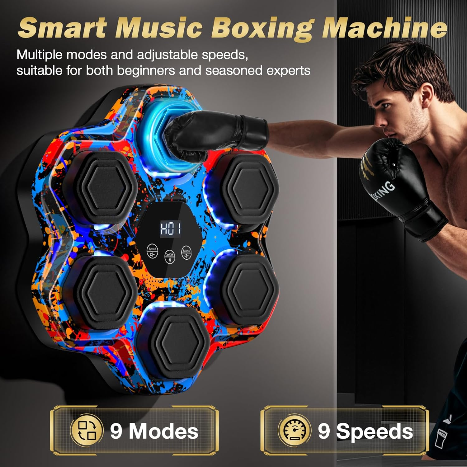 Smart Music Boxing Machine - Bluetooth Wall-Mounted Trainer with 9 Modes, 9 Speeds & LED Lights