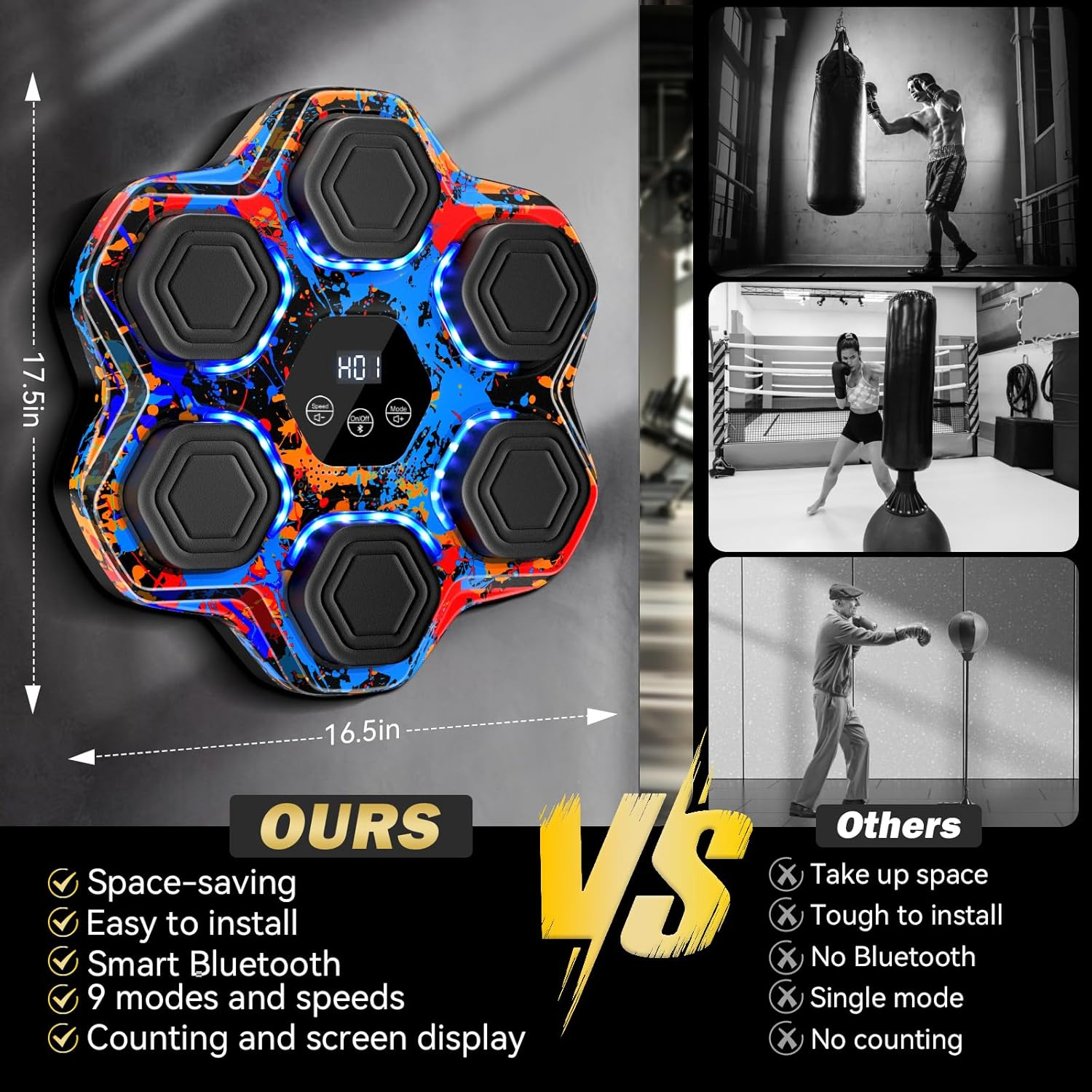 Smart Music Boxing Machine - Bluetooth Wall-Mounted Trainer with 9 Modes, 9 Speeds & LED Lights