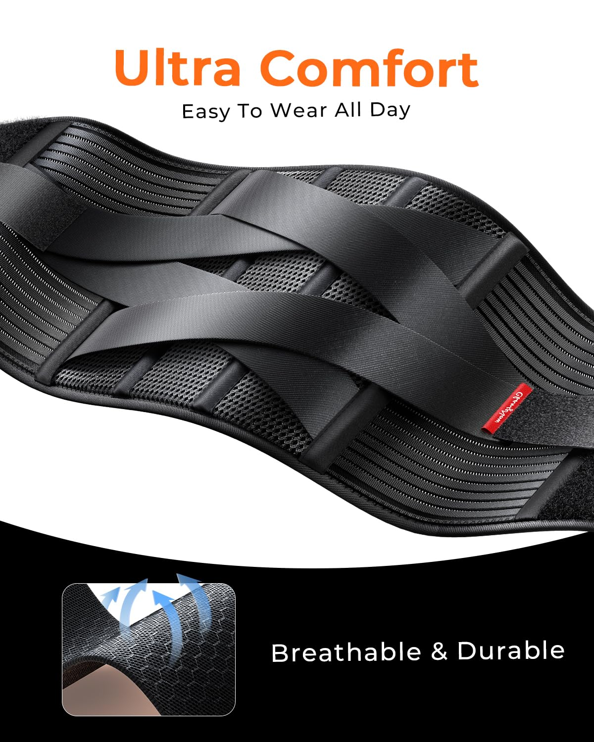 Lower Back Support Brace - Adjustable Lumbar Belt with Removable Straps & Breathable Mesh