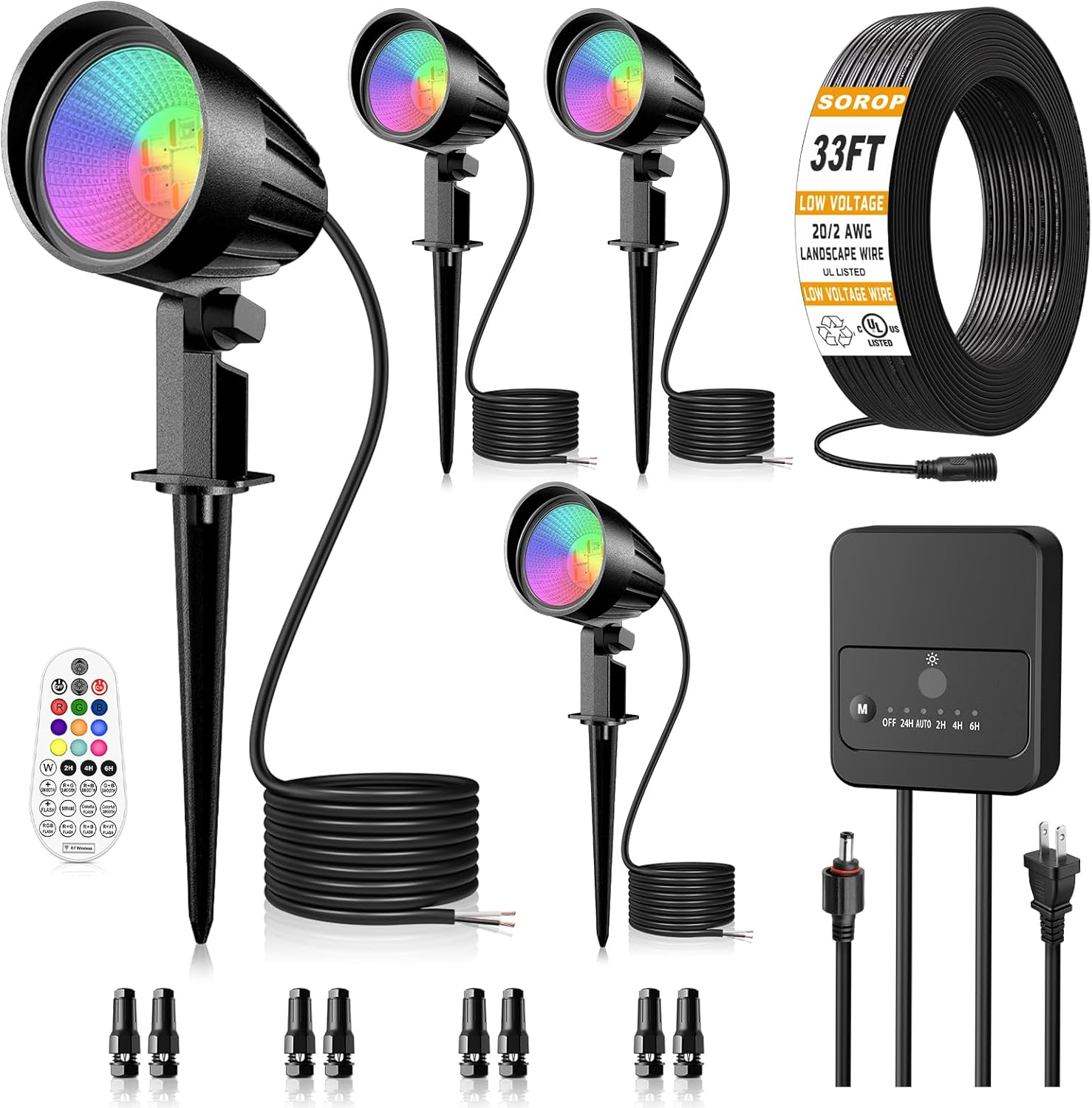 RGB Landscape Spotlights 4-Pack - Color Changing LED Outdoor Lights with Remote & Timer | IP66 Waterproof