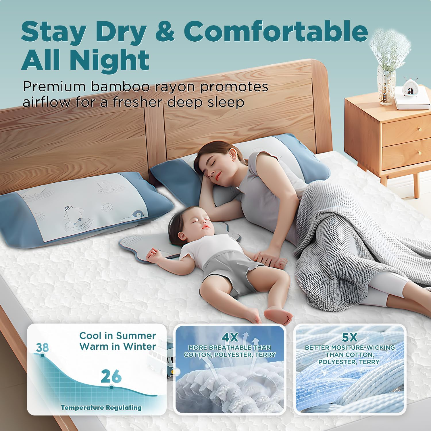 Bamboo Rayon Waterproof Mattress Protector - Breathable Quilted Bed Cover with 360° Elastic Fit