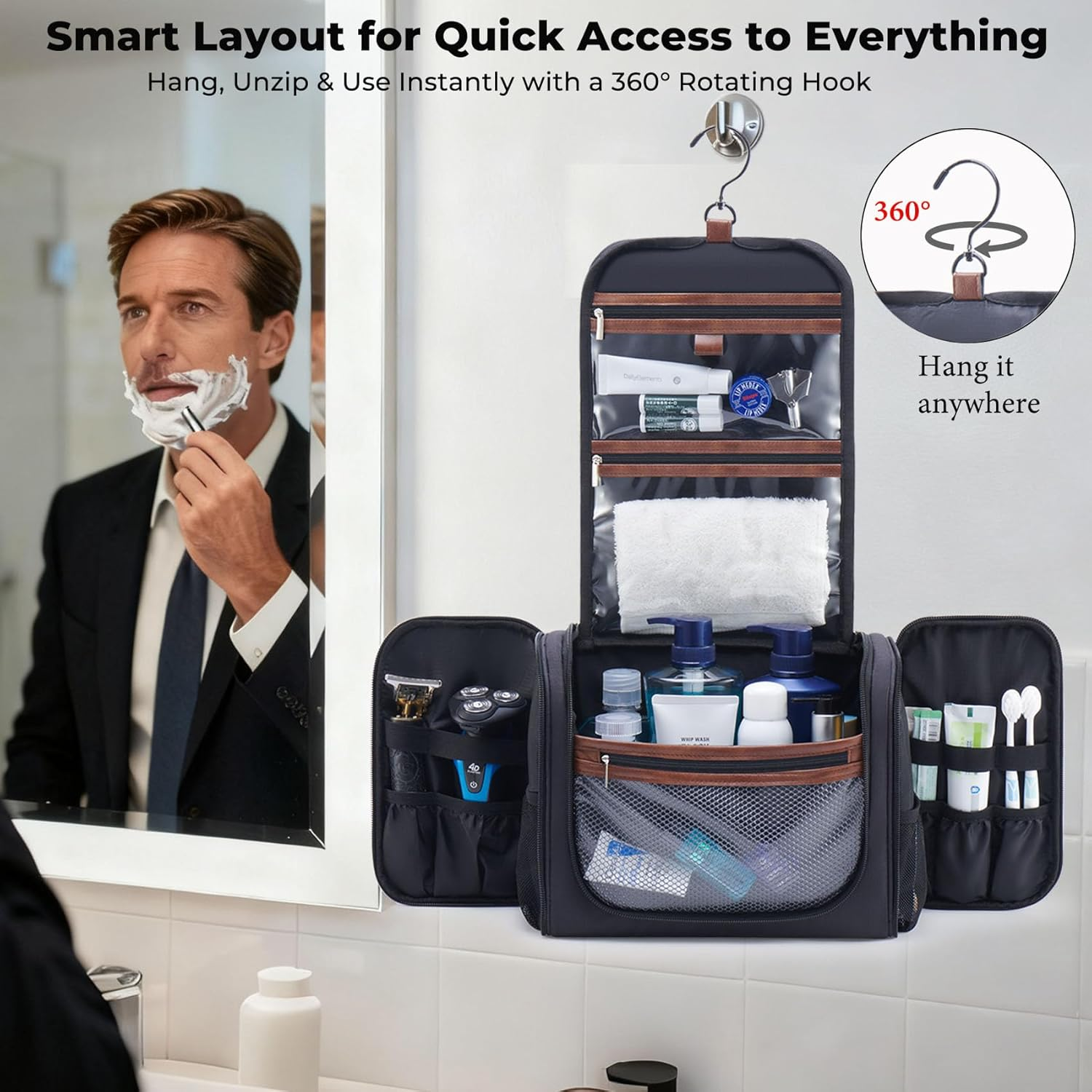Men's Hanging Toiletry Bag - Large Travel Organizer with 18 Pockets & 360° Rotating Hook