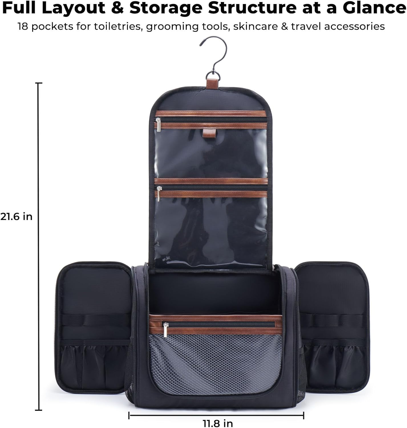 Men's Hanging Toiletry Bag - Large Travel Organizer with 18 Pockets & 360° Rotating Hook