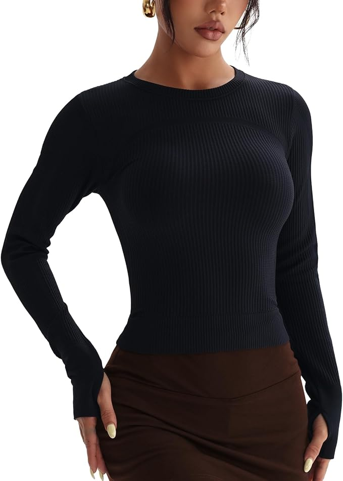 Women's Ribbed Knit Long Sleeve Sweater - Slim Fit Crew Neck Pullover Top