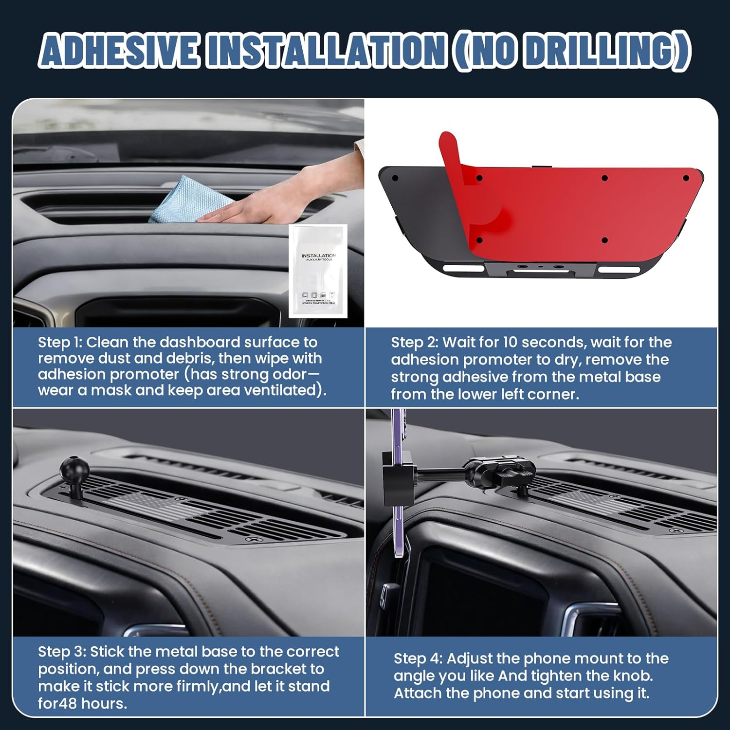 Dashboard Phone Mount for Car - 360° Adjustable Cell Phone Holder with Adhesive or Drill Installation