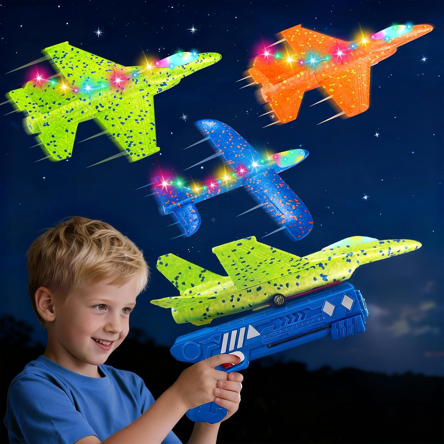 Foam Airplane Launcher Toy - 2 Flight Modes LED Glider Plane with Catapult Gun for Kids