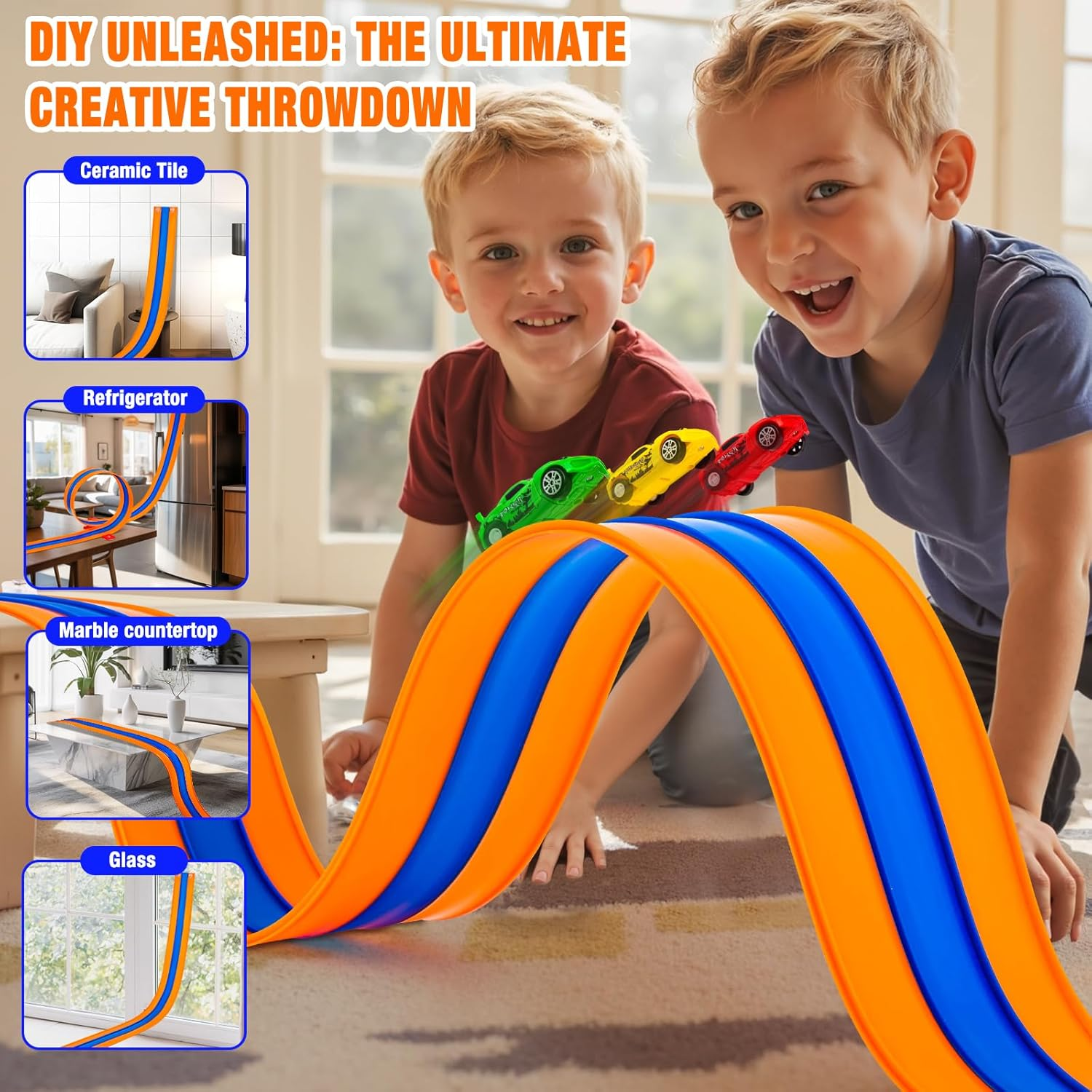 Flexible Race Track Set - 16.4ft Bendable Car Track with Pull-Back Cars & Suction Cups