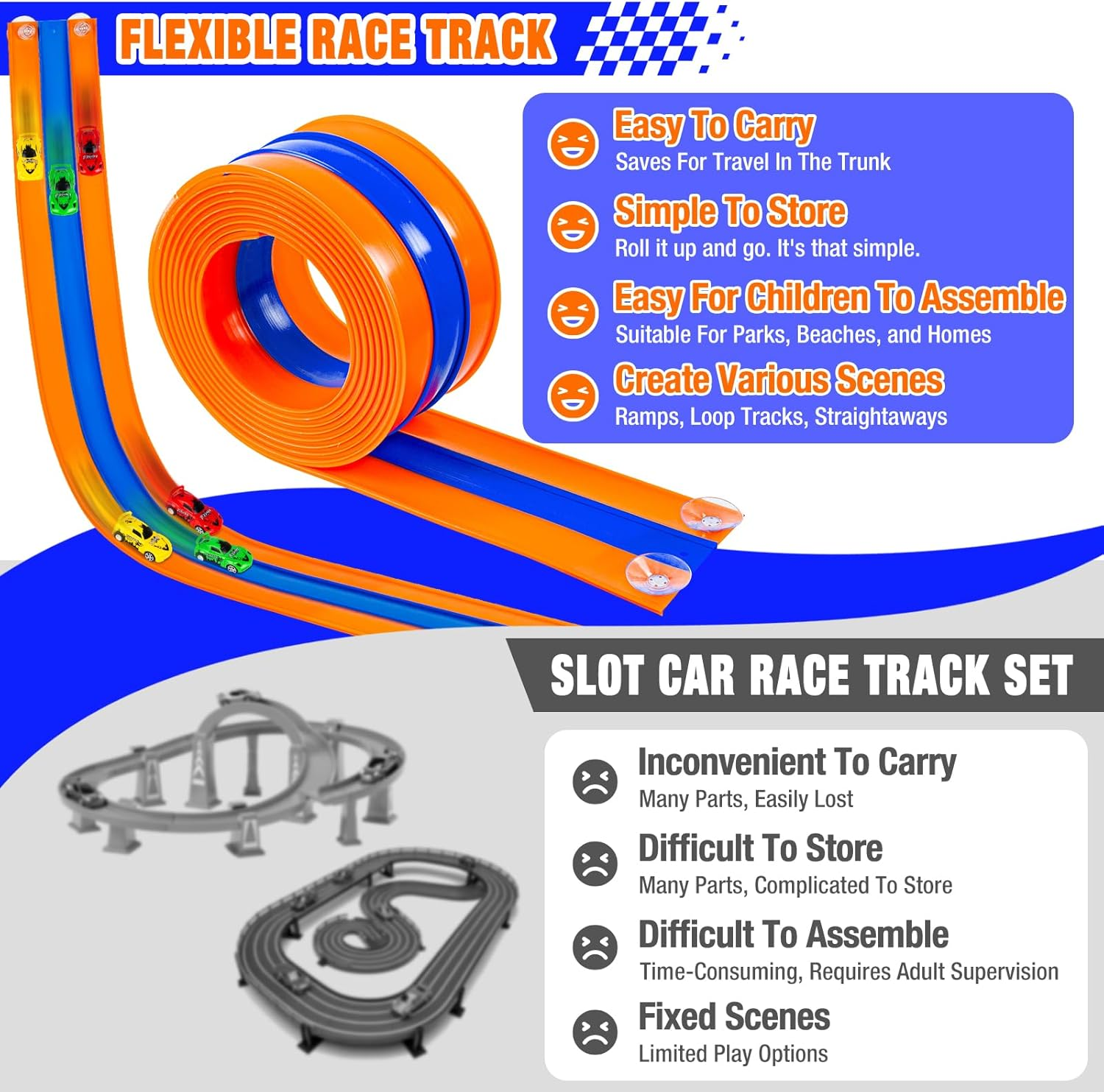 Flexible Race Track Set - 16.4ft Bendable Car Track with Pull-Back Cars & Suction Cups
