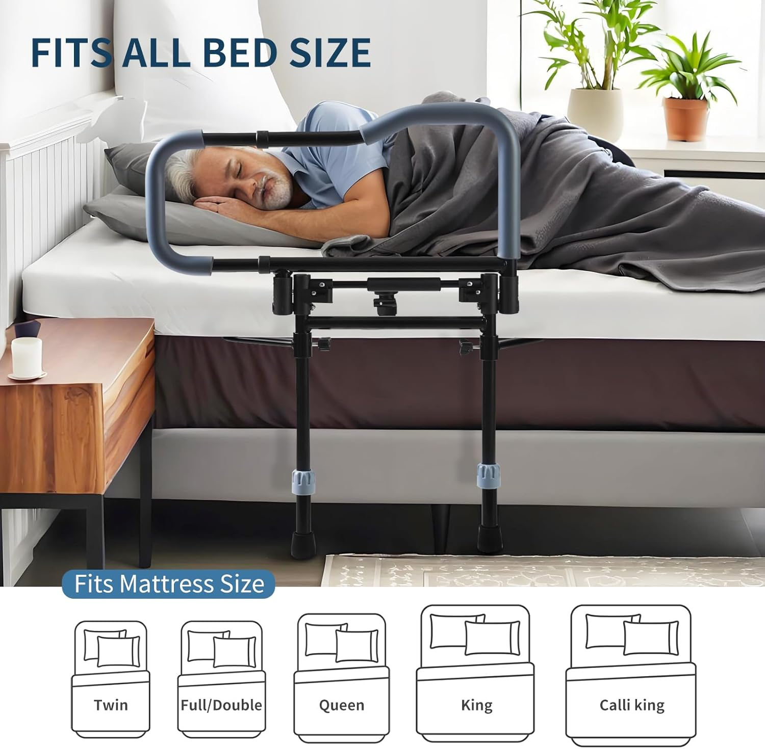 Adjustable Bed Assist Rail - Collapsible Bed Safety Handle with Safety Strap for Seniors & Elderly