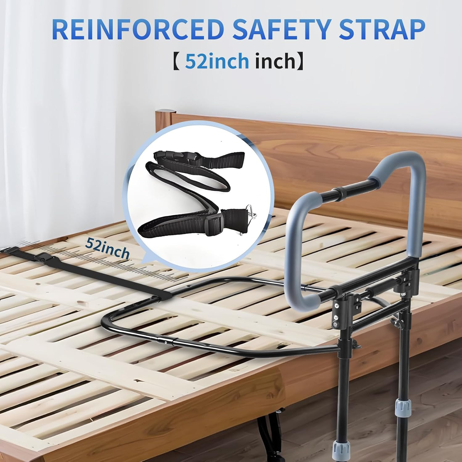 Adjustable Bed Assist Rail - Collapsible Bed Safety Handle with Safety Strap for Seniors & Elderly