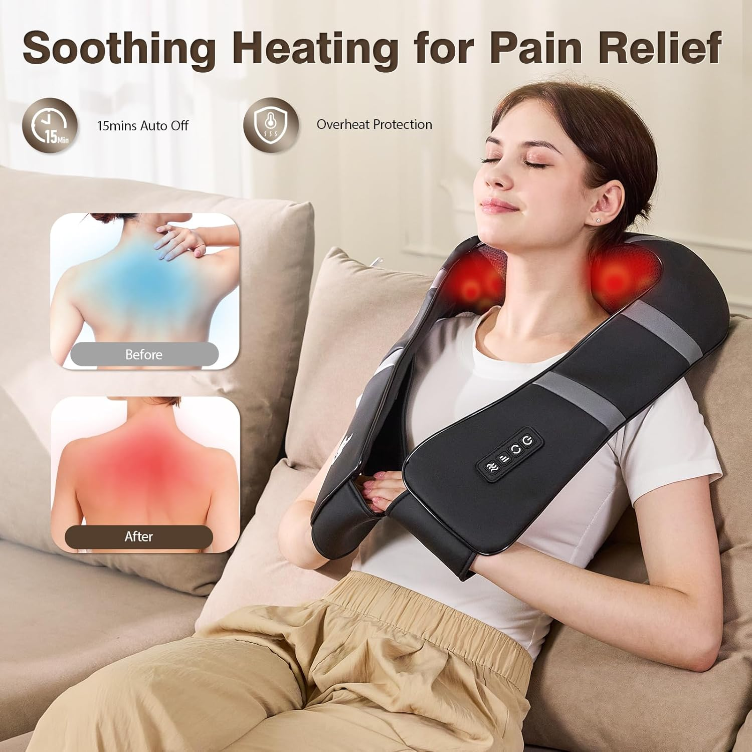 Shiatsu Neck and Back Massager with Heat - Deep Tissue Kneading Massage for Pain Relief, Shoulders, Lumbar, Legs - Car & Home Use
