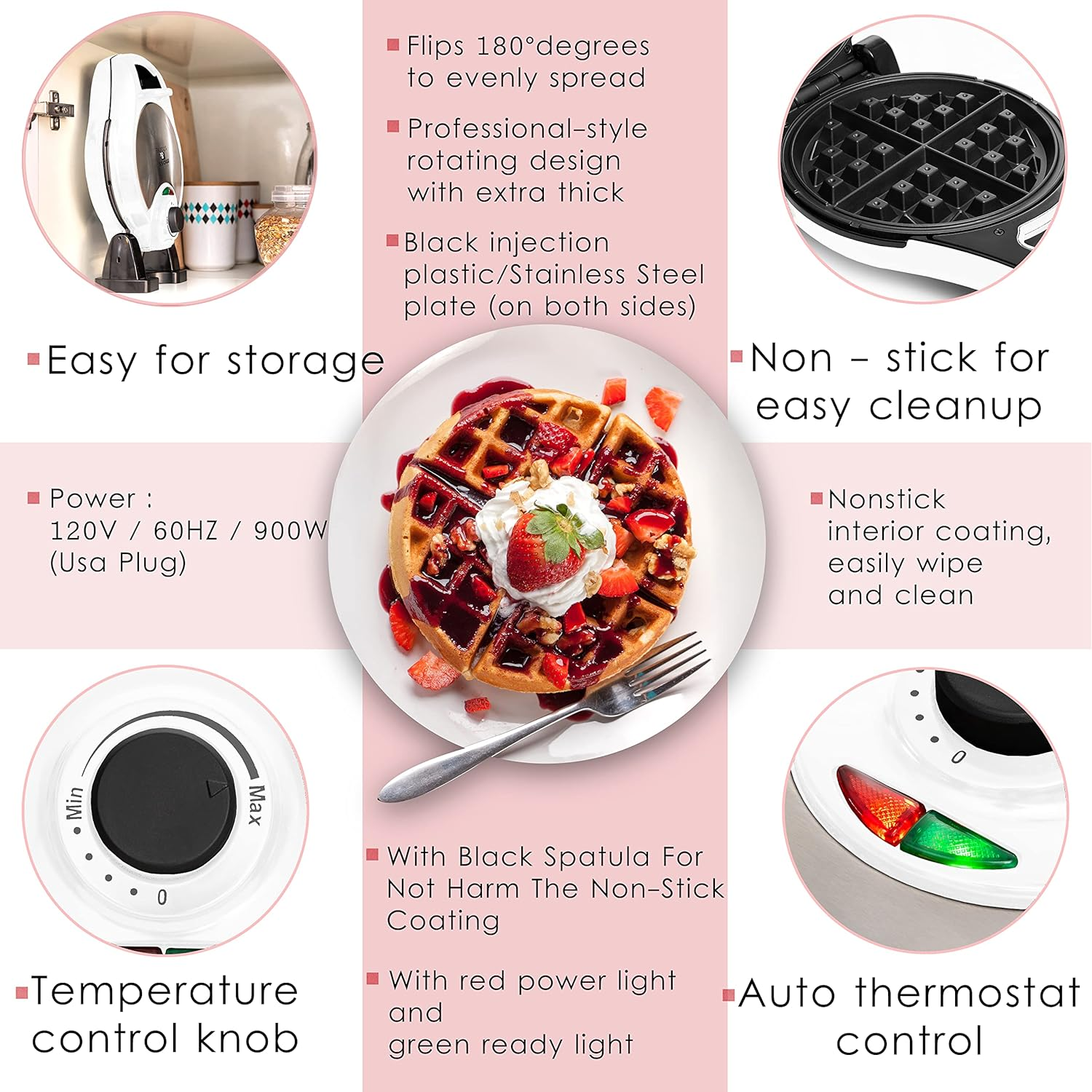 Belgian Waffle Maker - 900W Non-Stick Rotating Waffle Iron with Temperature Control