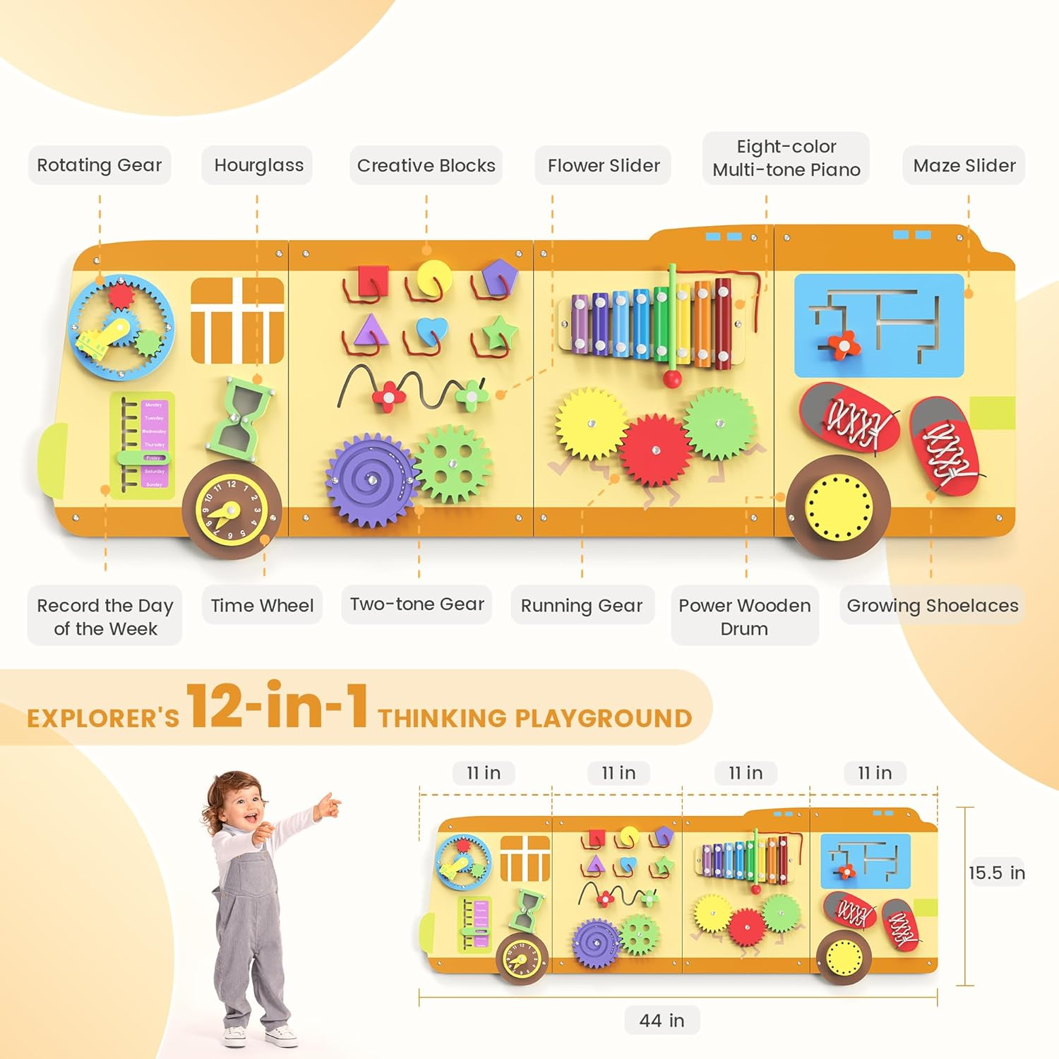 12-in-1 Wooden Busy Board - Montessori Activity Center with Gears, Piano & Educational Toys