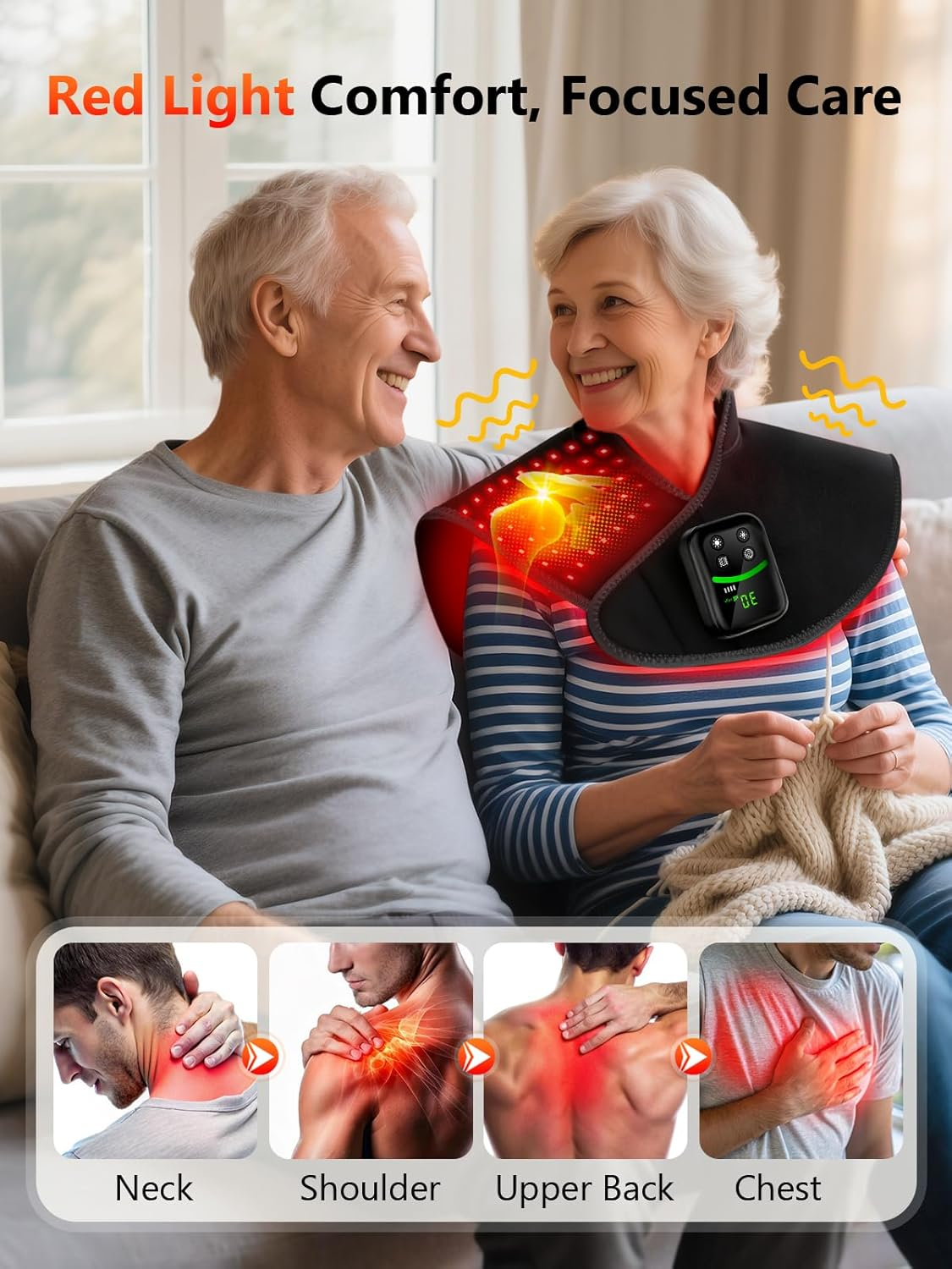 Red Light Therapy Shoulder Wrap - 118 LED Wireless Heating Pad with Massage & Timer
