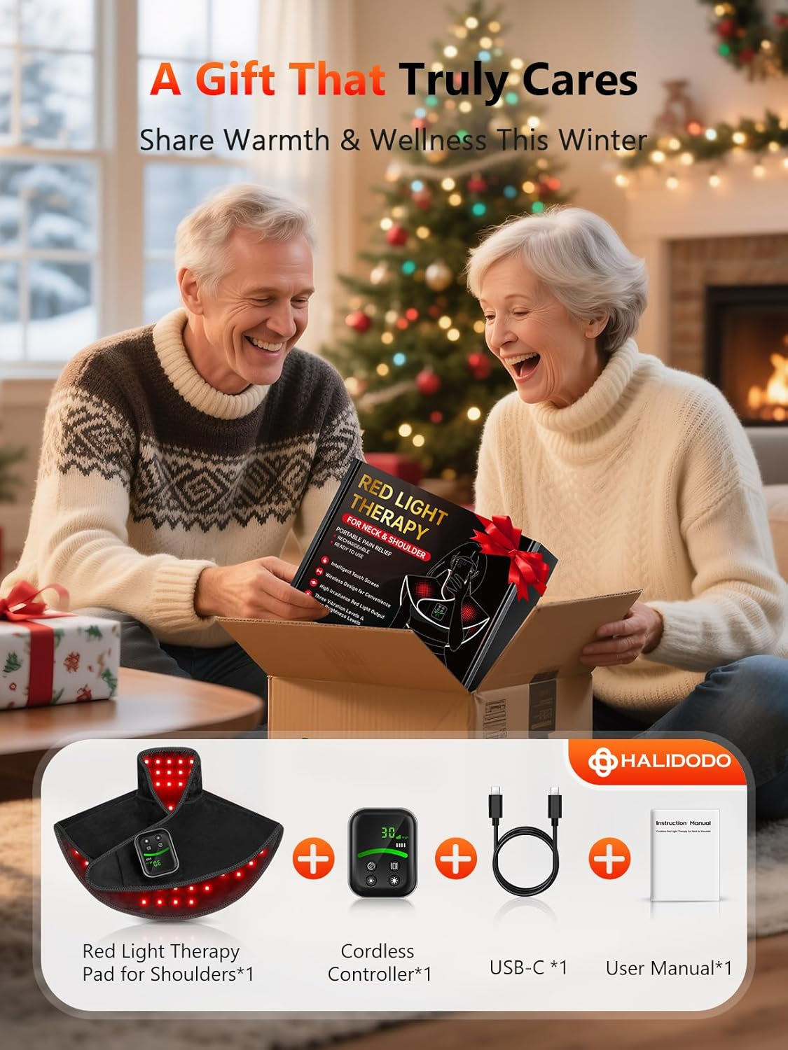 Red Light Therapy Shoulder Wrap - 118 LED Wireless Heating Pad with Massage & Timer