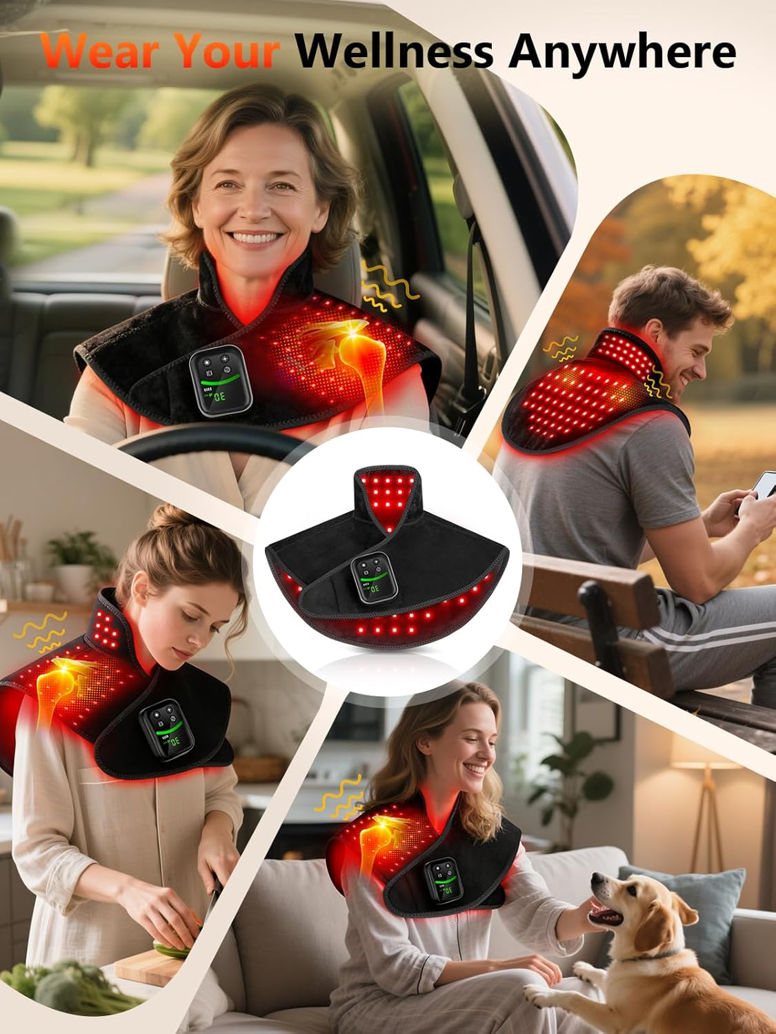 Red Light Therapy Shoulder Wrap - 118 LED Wireless Heating Pad with Massage & Timer