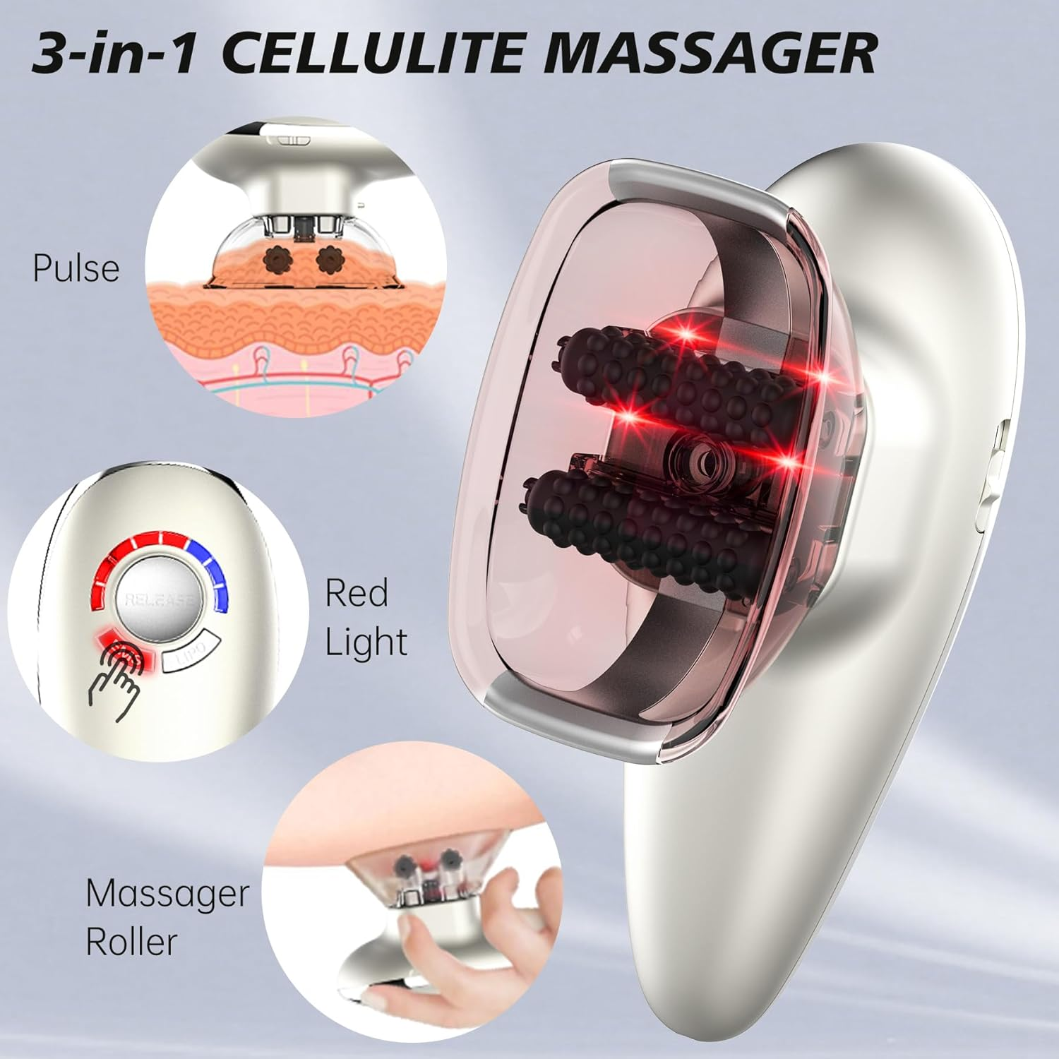 3-in-1 Cellulite Massager with Red Light Therapy - EMS Pulse Body Sculptor, Rechargeable Cordless Fat Reduction Tool for Legs, Stomach, Arms