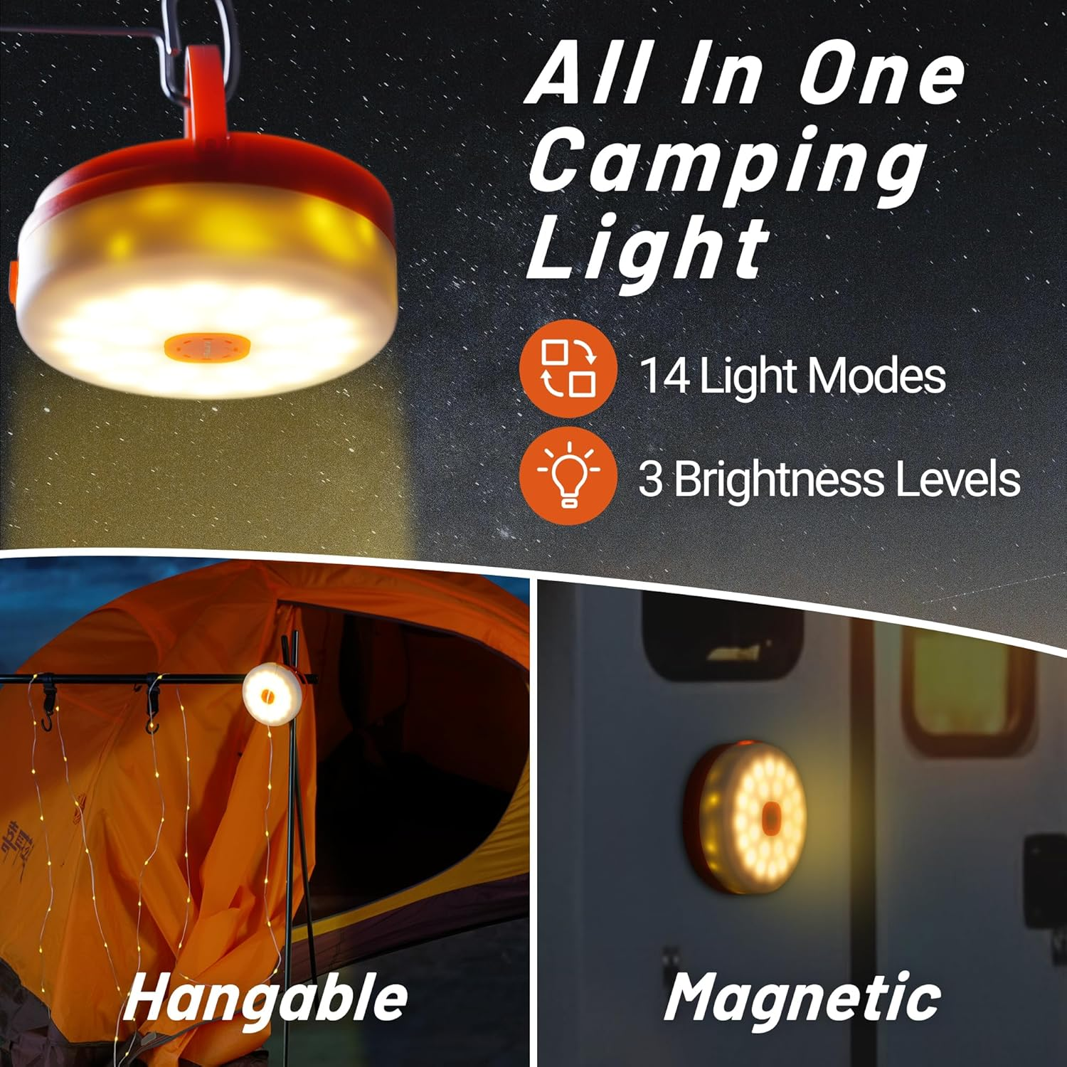 All-in-One Camping Light with 14 Modes - Portable LED Lantern with 3000mAh Power Bank & Retractable String Lights
