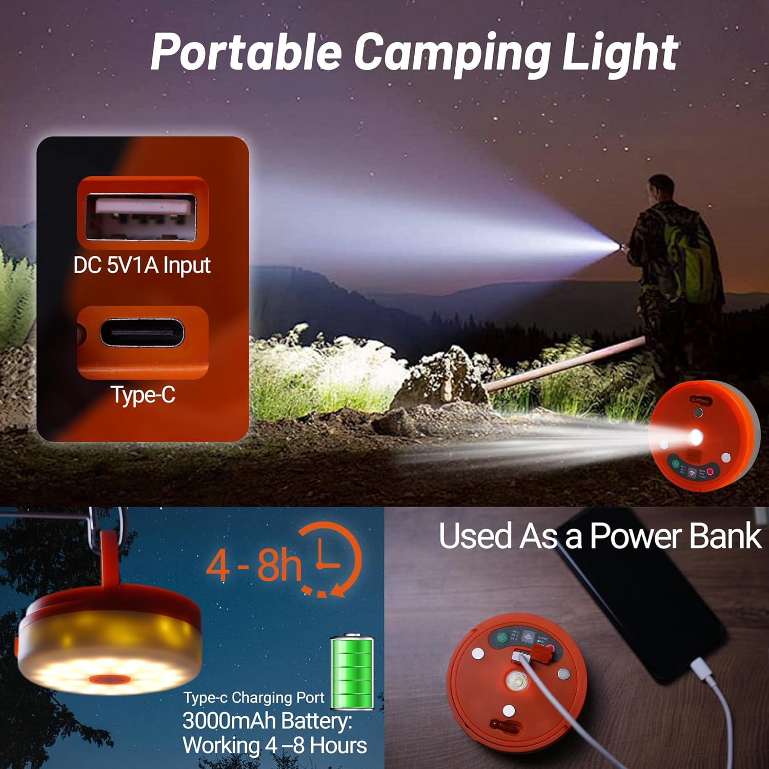 All-in-One Camping Light with 14 Modes - Portable LED Lantern with 3000mAh Power Bank & Retractable String Lights