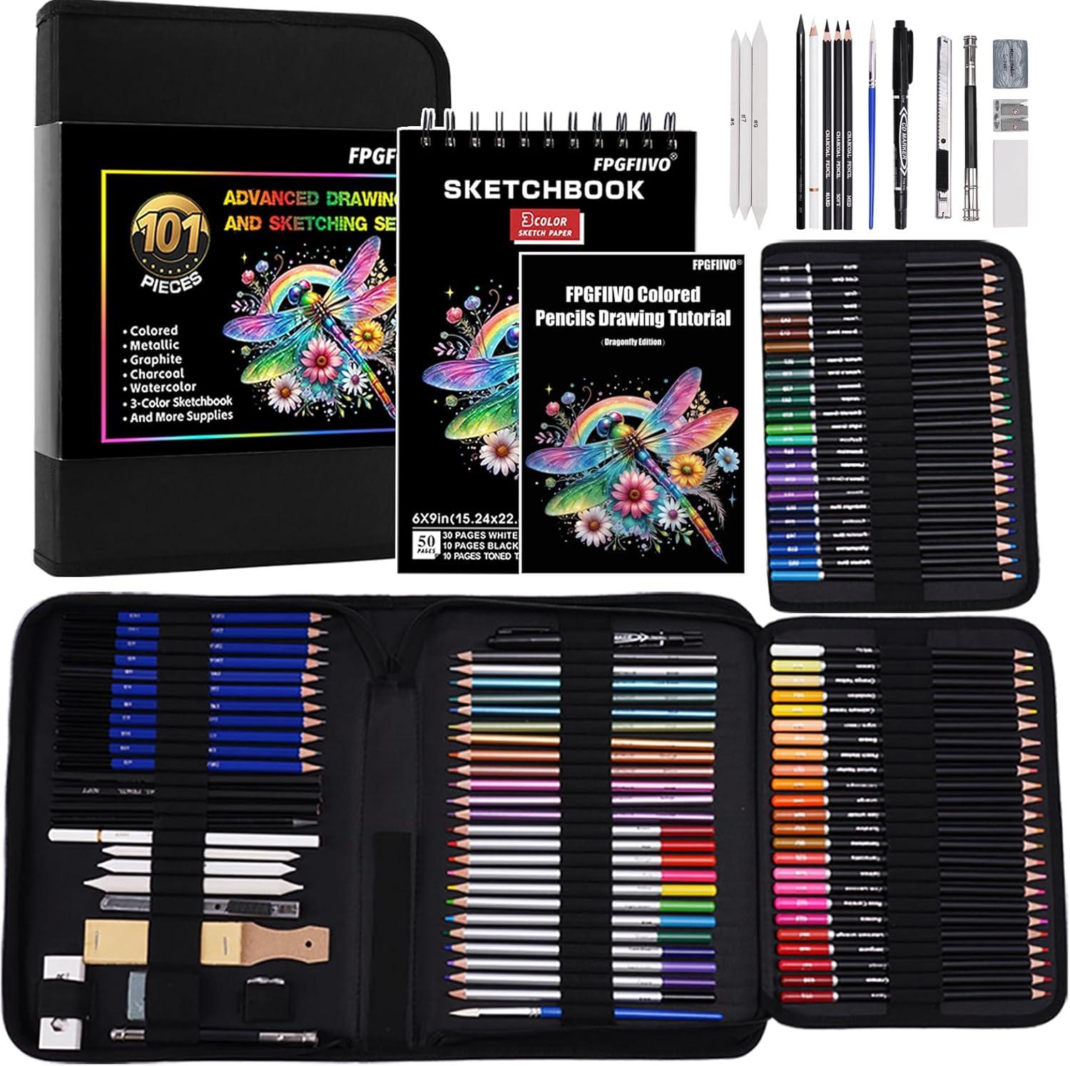 Professional Colored Pencil Art Set 72-Piece - 48 Colors, 12 Metallic, 12 Watercolor Pencils with Graphite & Charcoal