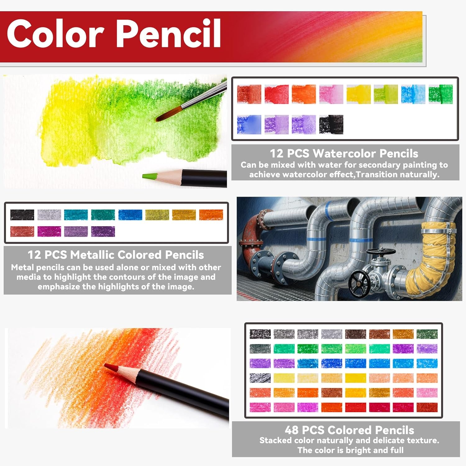 Professional Colored Pencil Art Set 72-Piece - 48 Colors, 12 Metallic, 12 Watercolor Pencils with Graphite & Charcoal