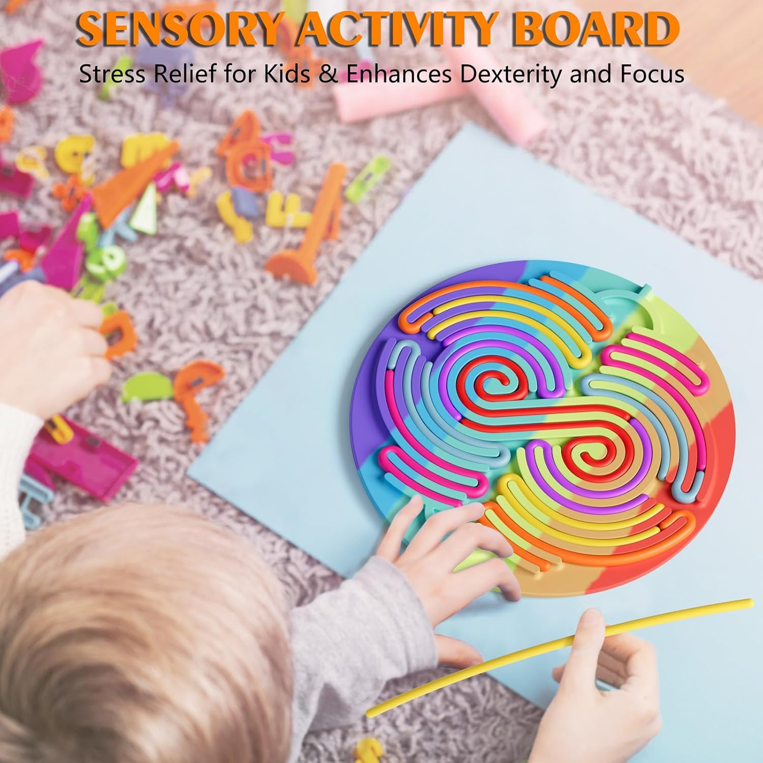 Rainbow Sensory Activity Board for Kids - Silicone String Puzzle Toy for Stress Relief & Focus
