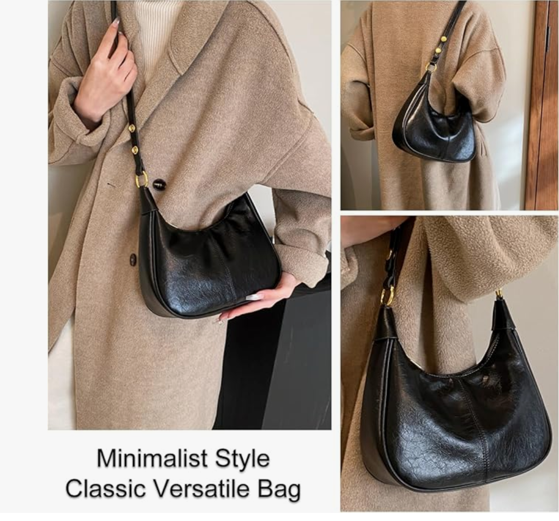 Women's Hobo Shoulder Bag - Soft Vegan Leather Minimalist Handbag with Adjustable Strap