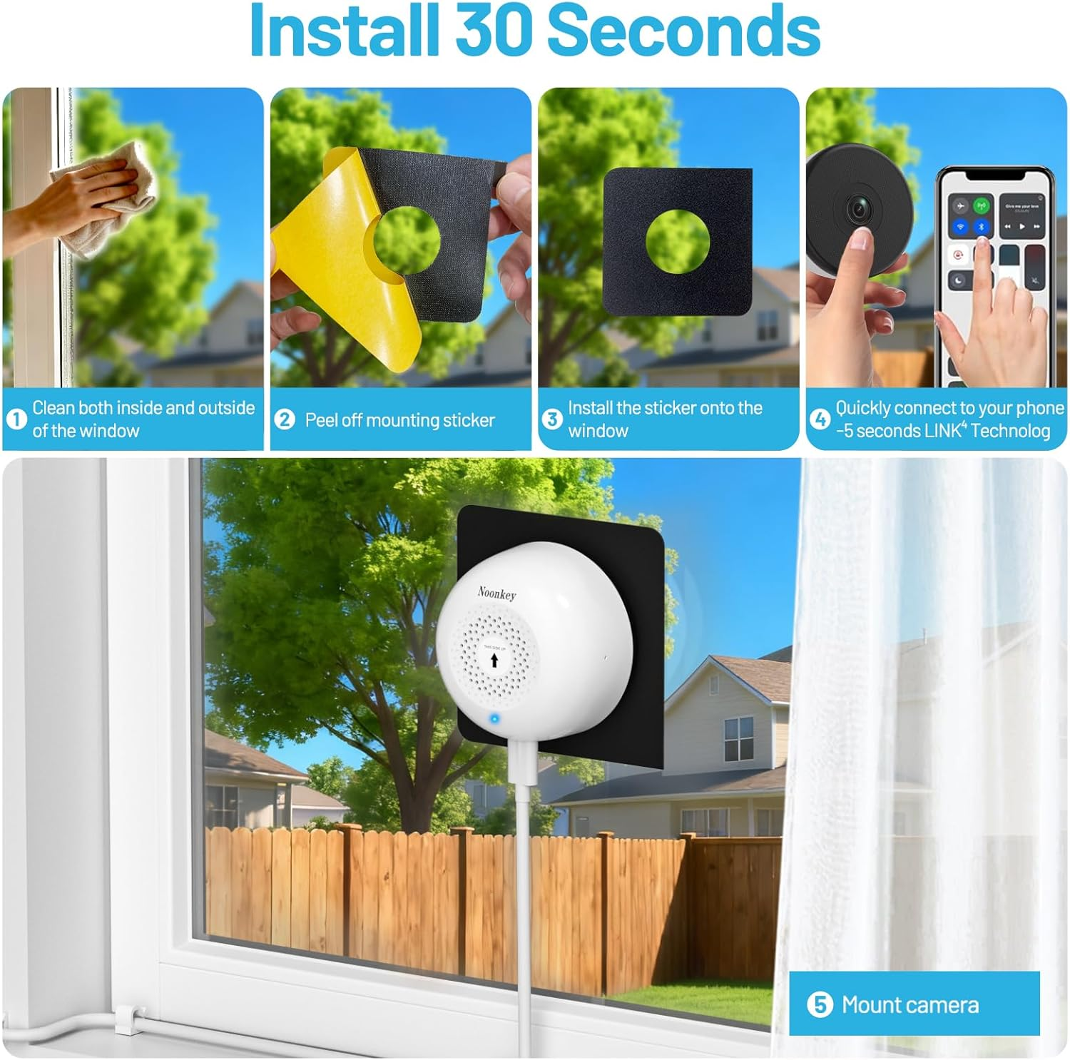 Noonkey WiFi 6 Window Security Camera - 2K QHD AI Color Night Vision with 30-Second Installation