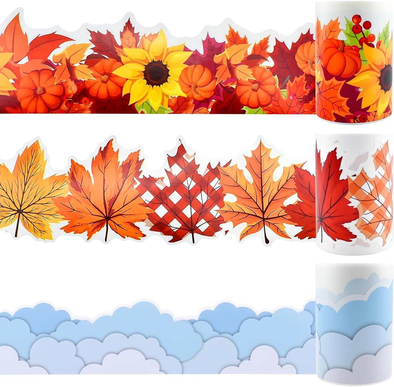Fall Classroom Border Decorations 3-Pack - Autumn Bulletin Board Trim with Sunflowers, Maple Leaves & Clouds (33ft Each)