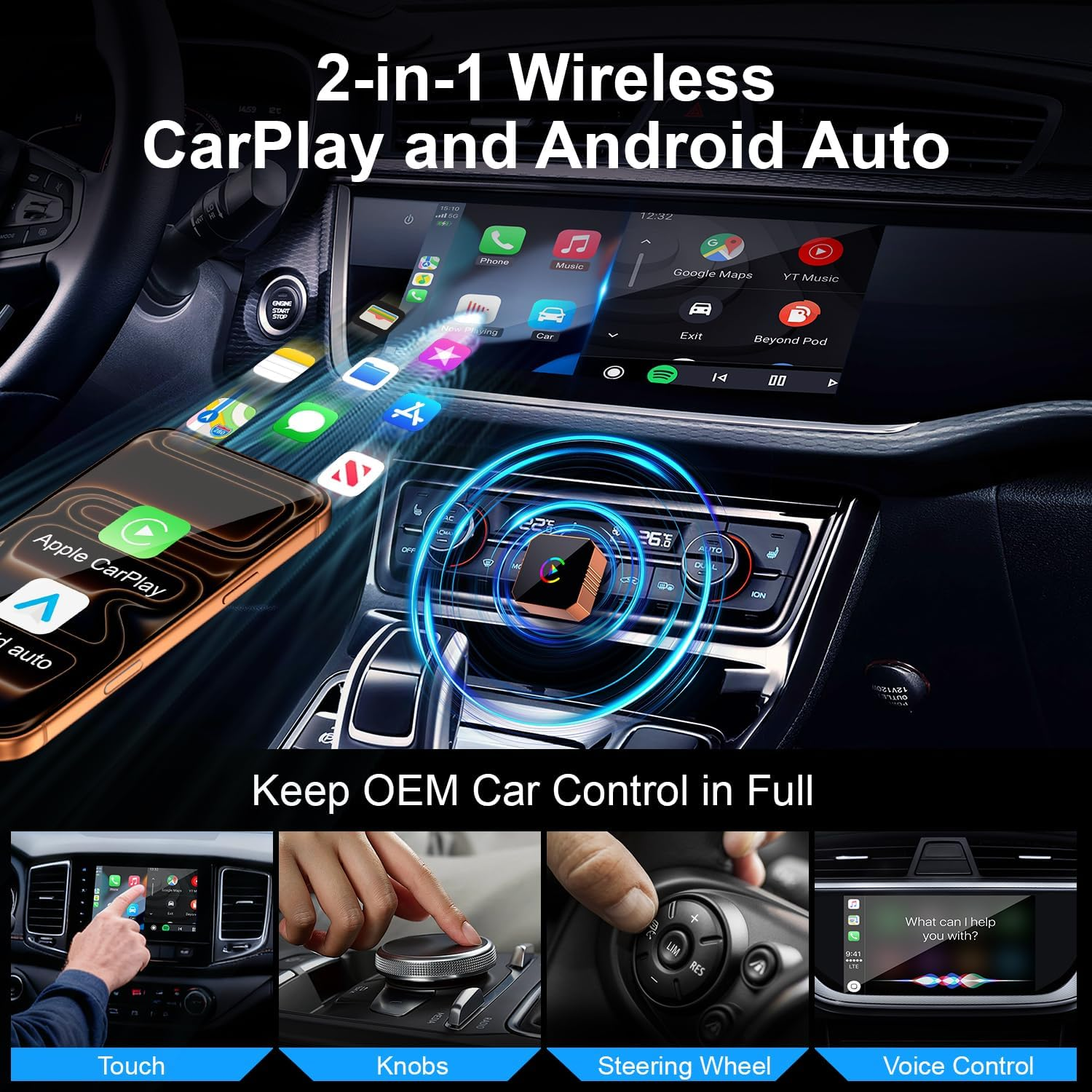 Wireless CarPlay Android Auto Adapter - Mini USB Dongle 2.4GHz/5GHz Dual-Band with Auto Reconnect