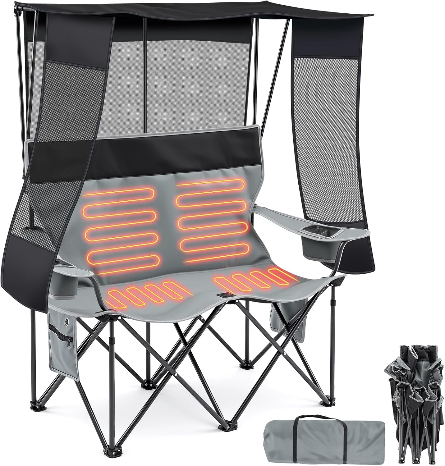 Heated Camping Chair - 2-Person Double Folding Chair with Canopy 660lb Capacity & 3 Heat Settings