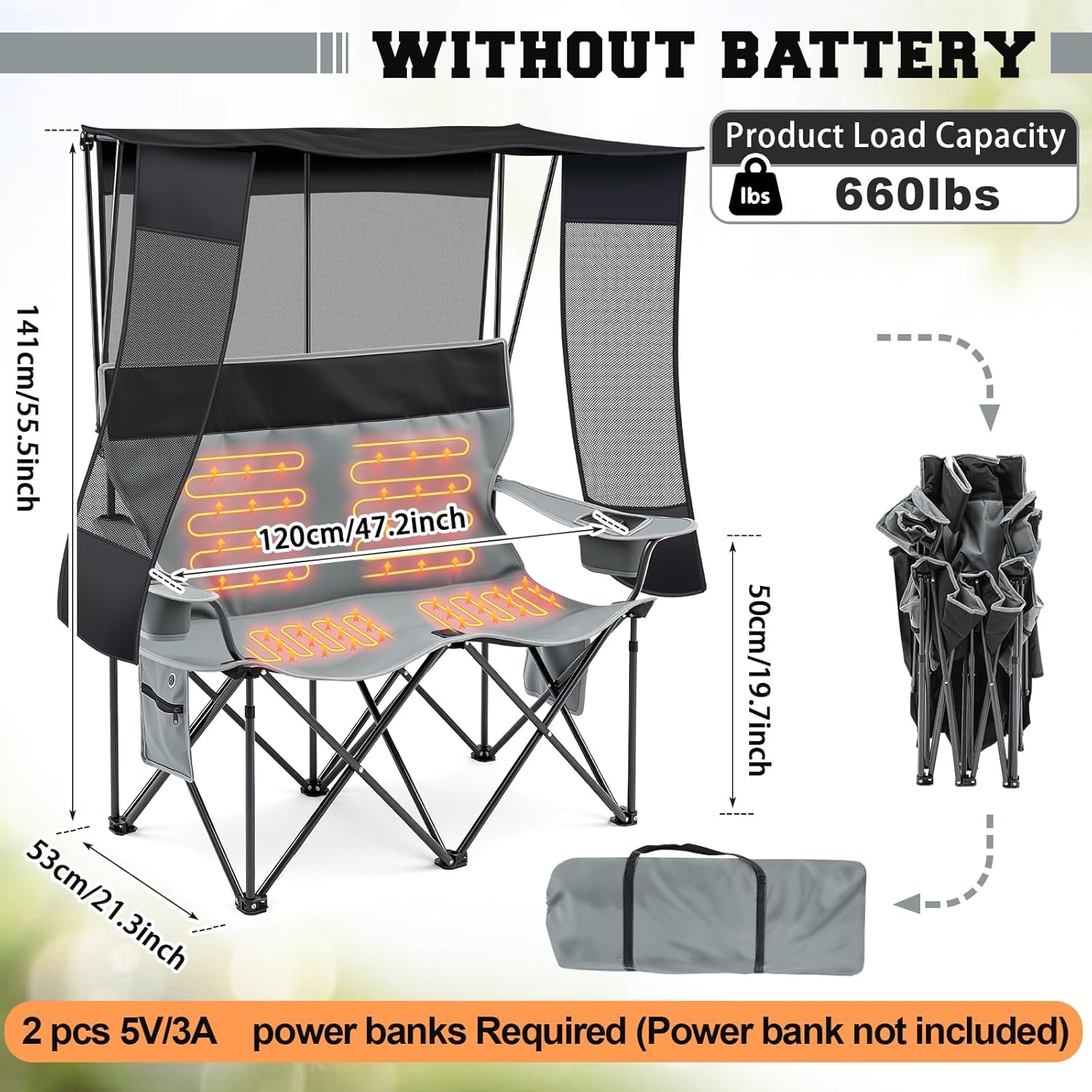 Heated Camping Chair - 2-Person Double Folding Chair with Canopy 660lb Capacity & 3 Heat Settings