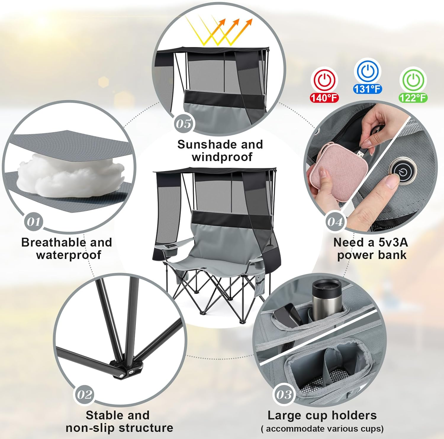 Heated Camping Chair - 2-Person Double Folding Chair with Canopy 660lb Capacity & 3 Heat Settings