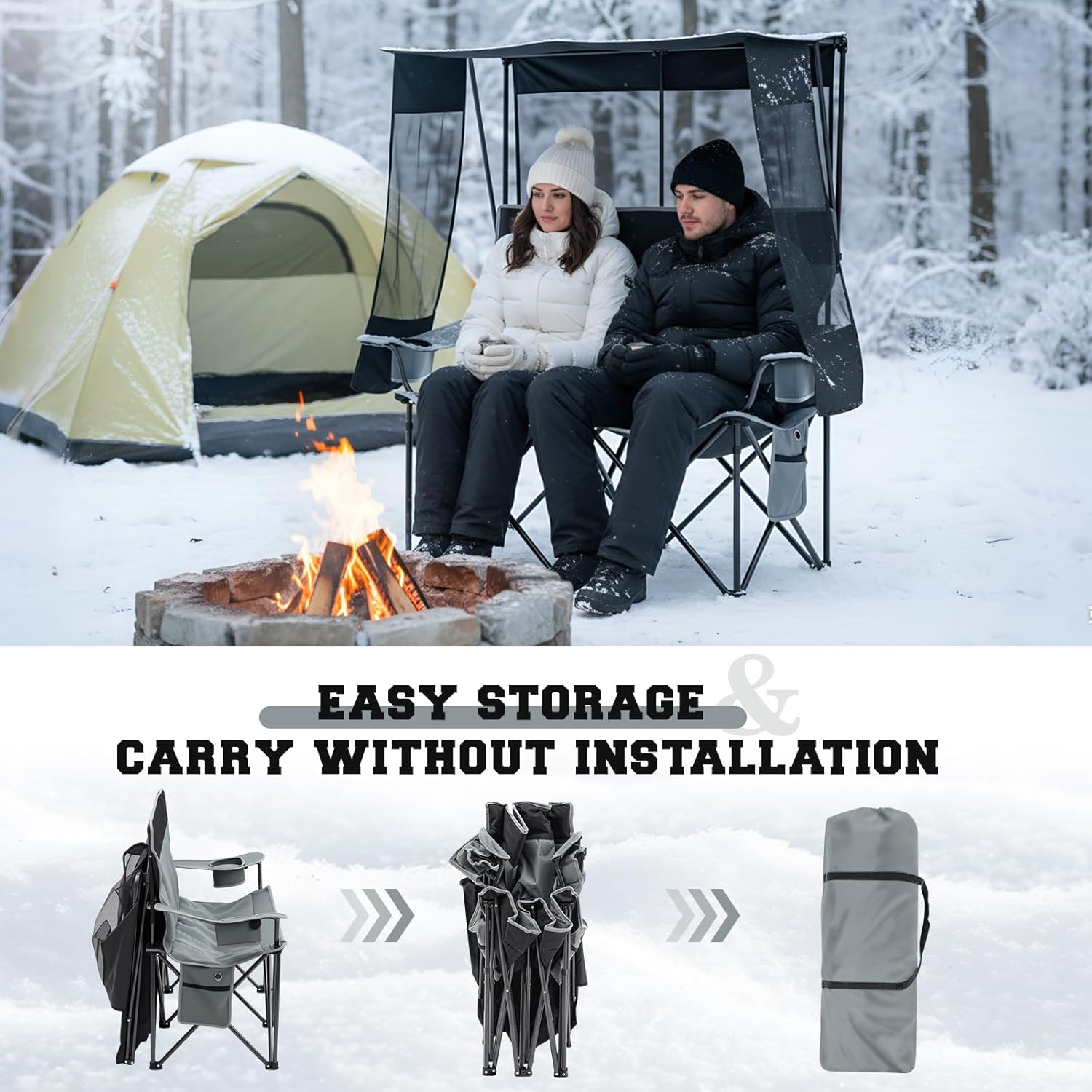 Heated Camping Chair - 2-Person Double Folding Chair with Canopy 660lb Capacity & 3 Heat Settings